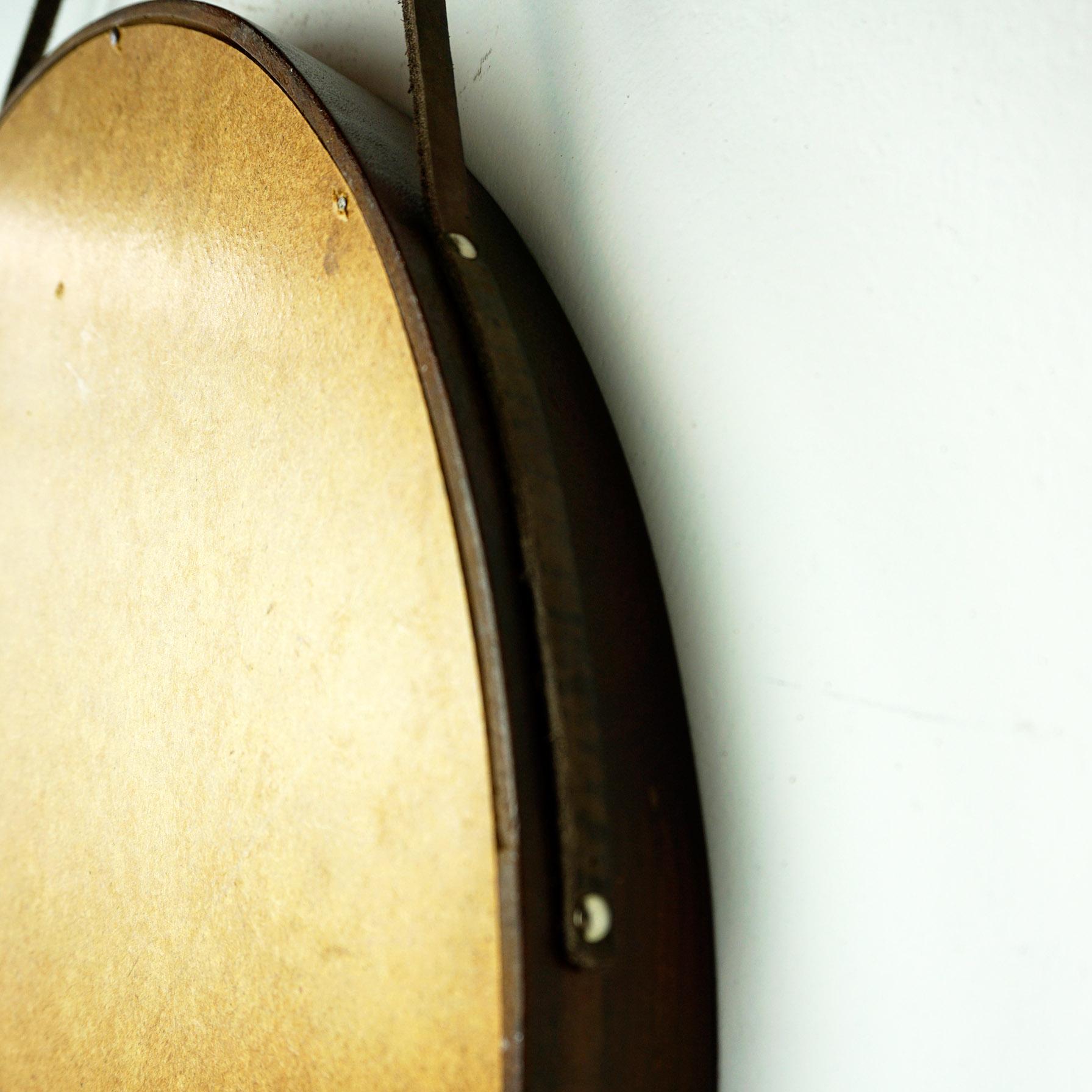 Italian Midcentury Wood and Leather Circular Wall Mirror 1