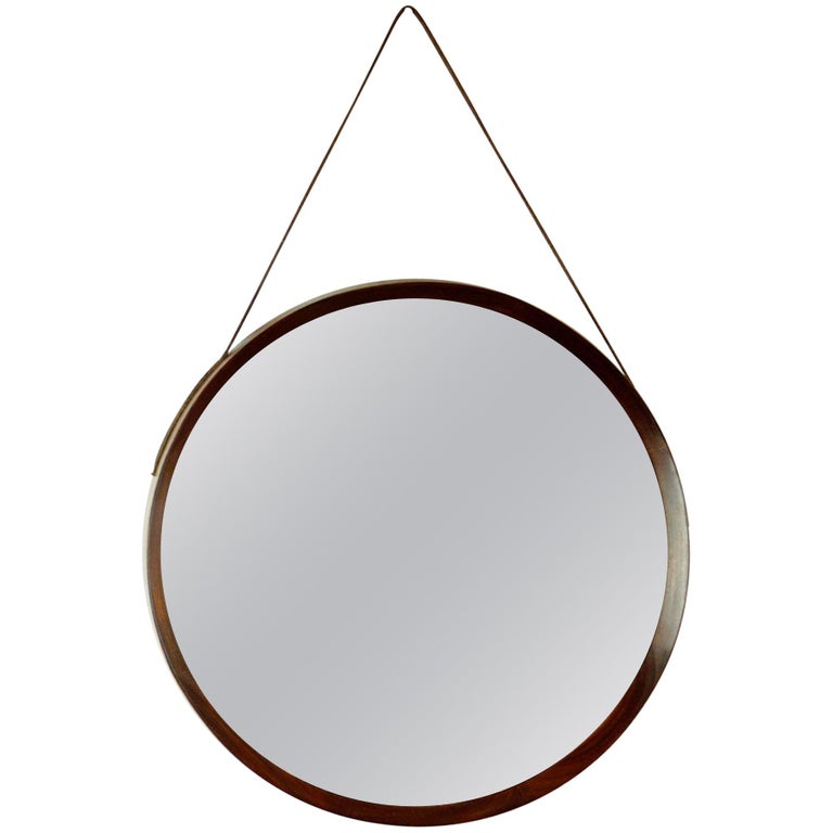 Italian Midcentury Wood And Leather Circular Wall Mirror For Sale At 1stdibs