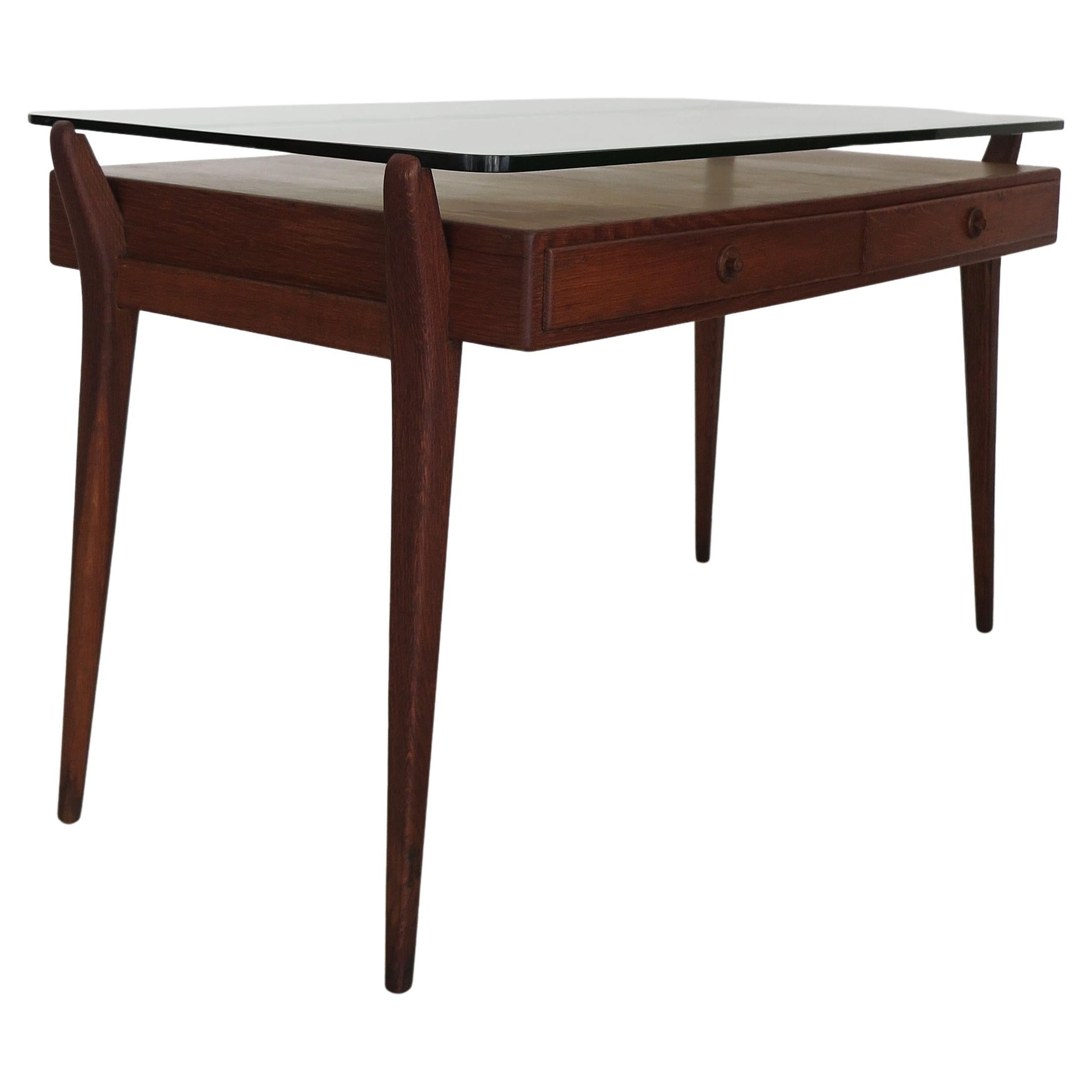 Mesa de despacho italiana de madera y cristal de mediados de siglo 1950