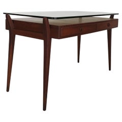 Mesa de despacho italiana de madera y cristal de mediados de siglo 1950