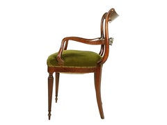 Italian Mid-Century Wooden and Green Velvet Armchair with Sculptural Armrest