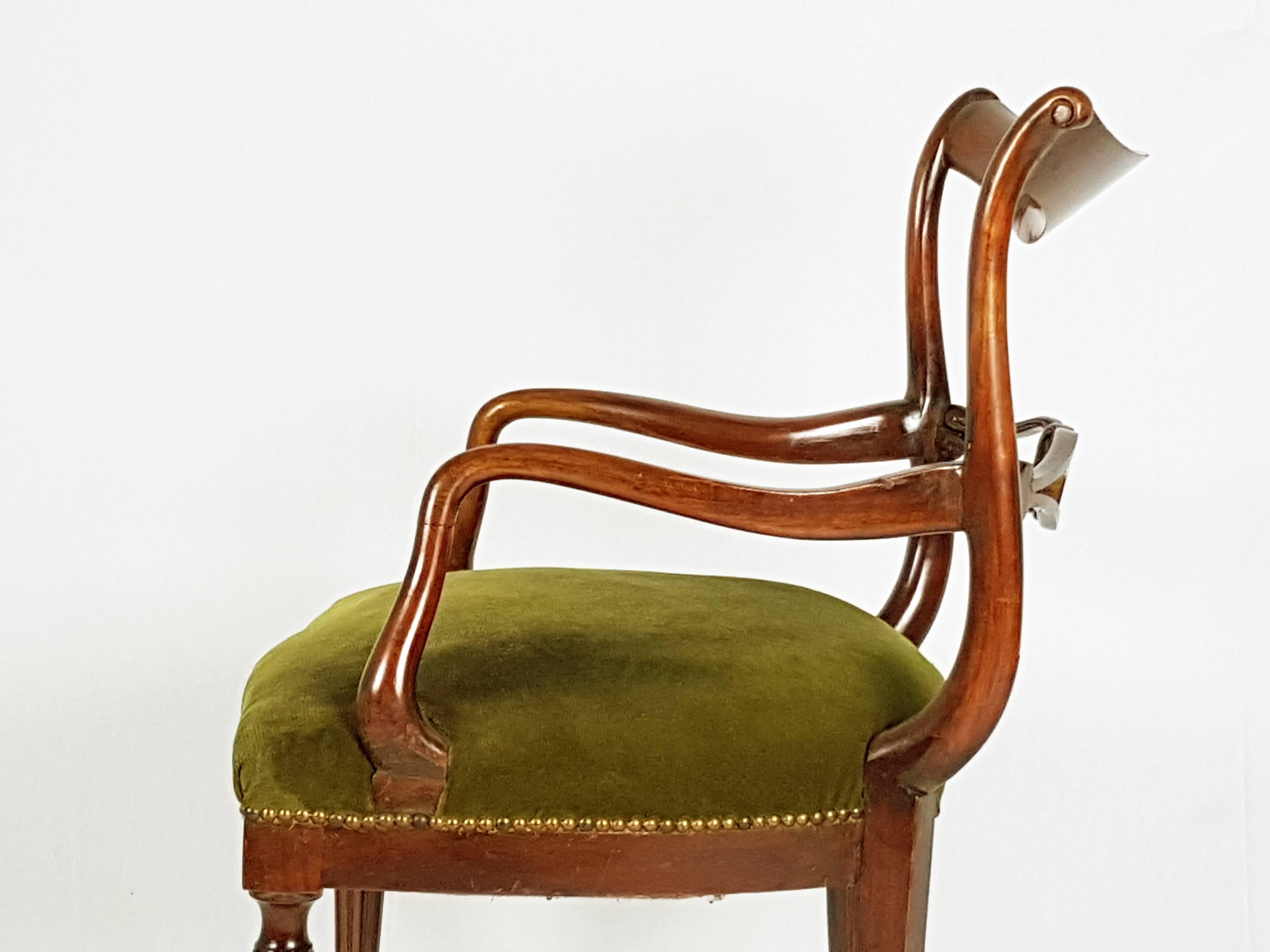 Mid-Century Modern Italian Mid-Century Wooden and Green Velvet Armchair with Sculptural Armrest For Sale