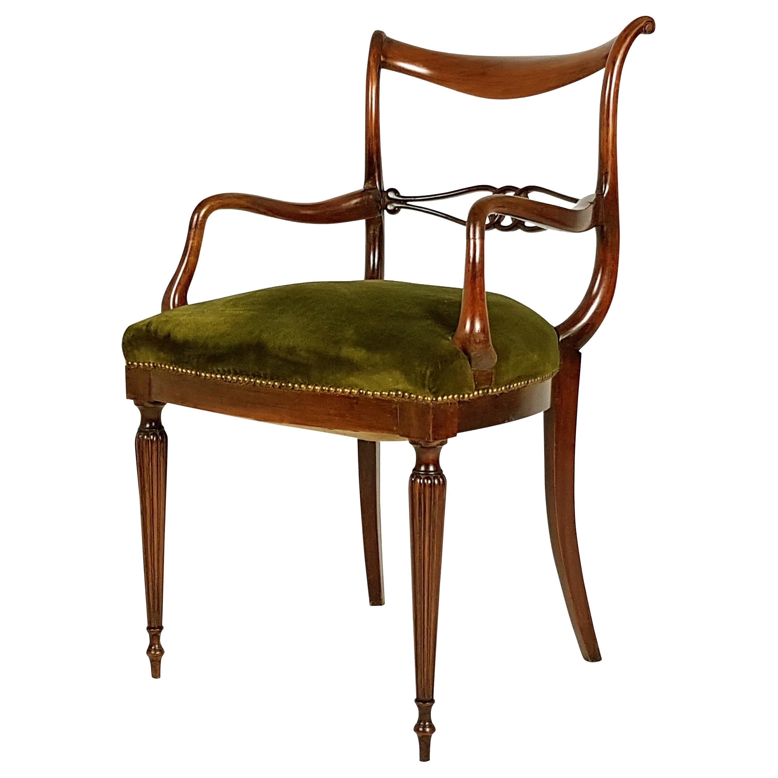 Italian Mid-Century Wooden and Green Velvet Armchair with Sculptural Armrest For Sale