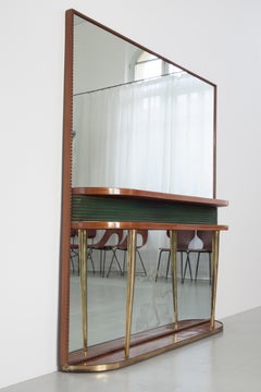 Italian Midcentury Wooden Mirror Console with Green Back Panelling, 1950