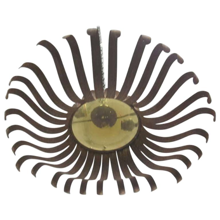 Italian Midcentury Wrought Iron and Blown Glass Sunburst Flush Mount / Pendant For Sale