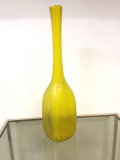 Italian Midcentury Yellow Corroso Glass Bottle Vase Attributed to Seguso, 1960s