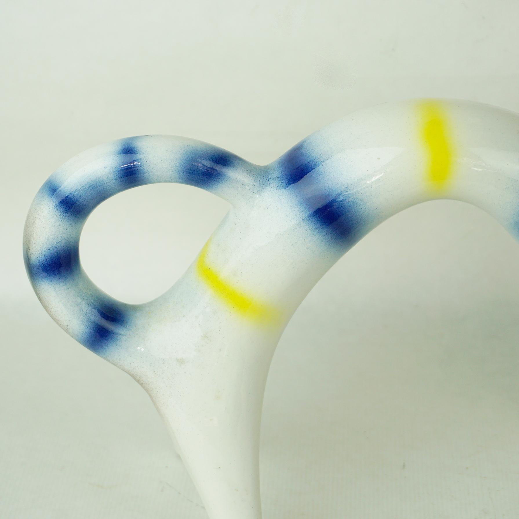 Italian Midcentury Yellow White Blue Striped Ceramic Cat by Roberto Rigon 4
