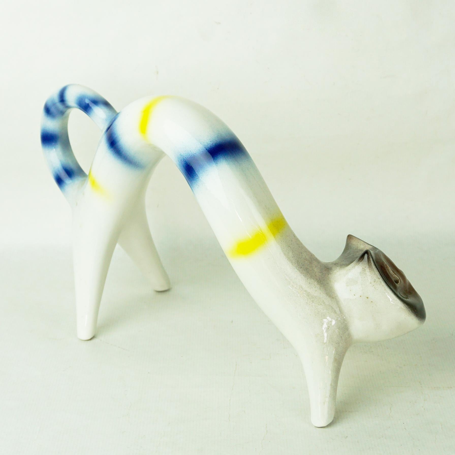 Italian Midcentury Yellow White Blue Striped Ceramic Cat by Roberto Rigon 5
