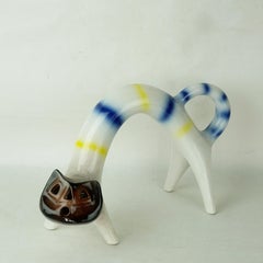 Italian Midcentury Yellow White Blue Striped Ceramic Cat by Roberto Rigon