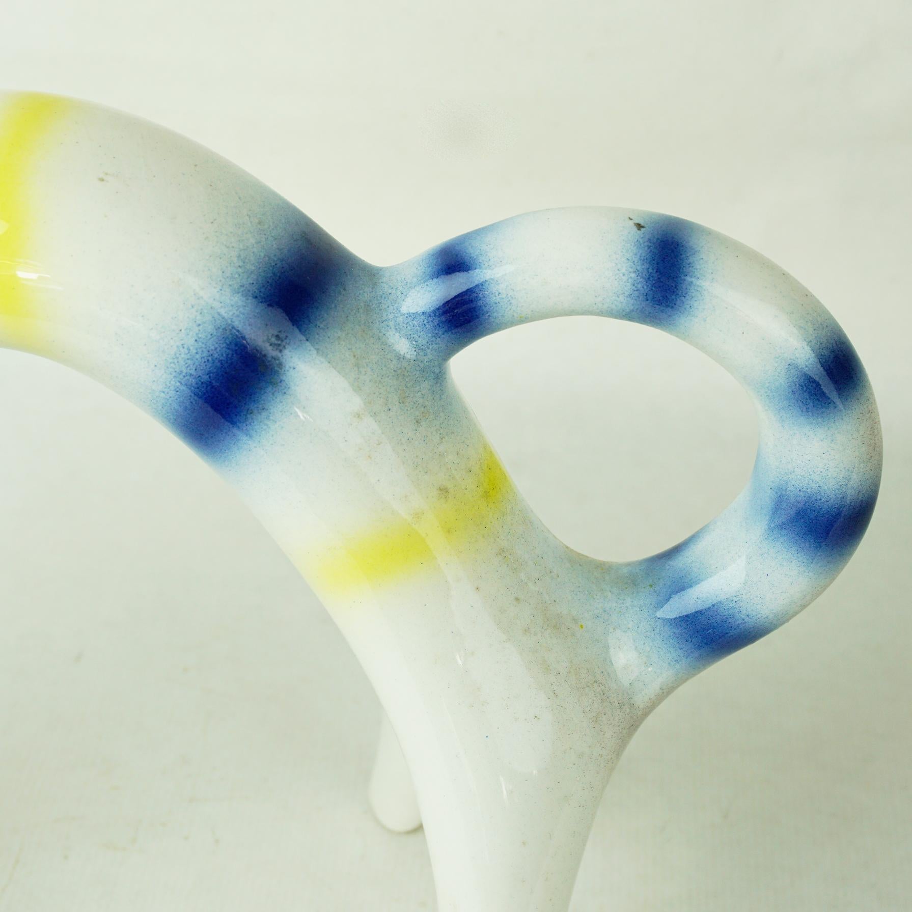 Italian Midcentury Yellow White Blue Striped Ceramic Cat by Roberto Rigon In Good Condition In Vienna, AT