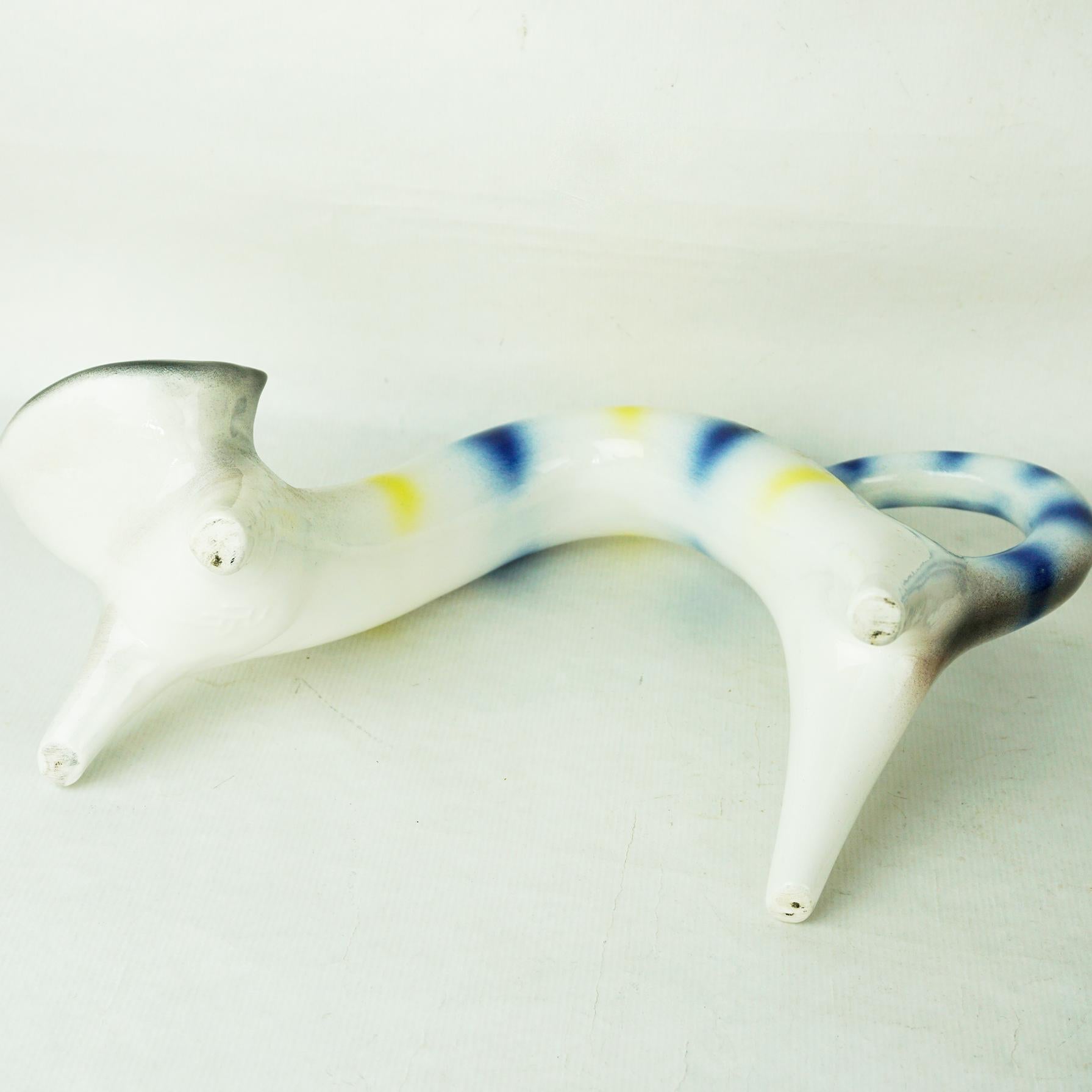 Italian Midcentury Yellow White Blue Striped Ceramic Cat by Roberto Rigon 1