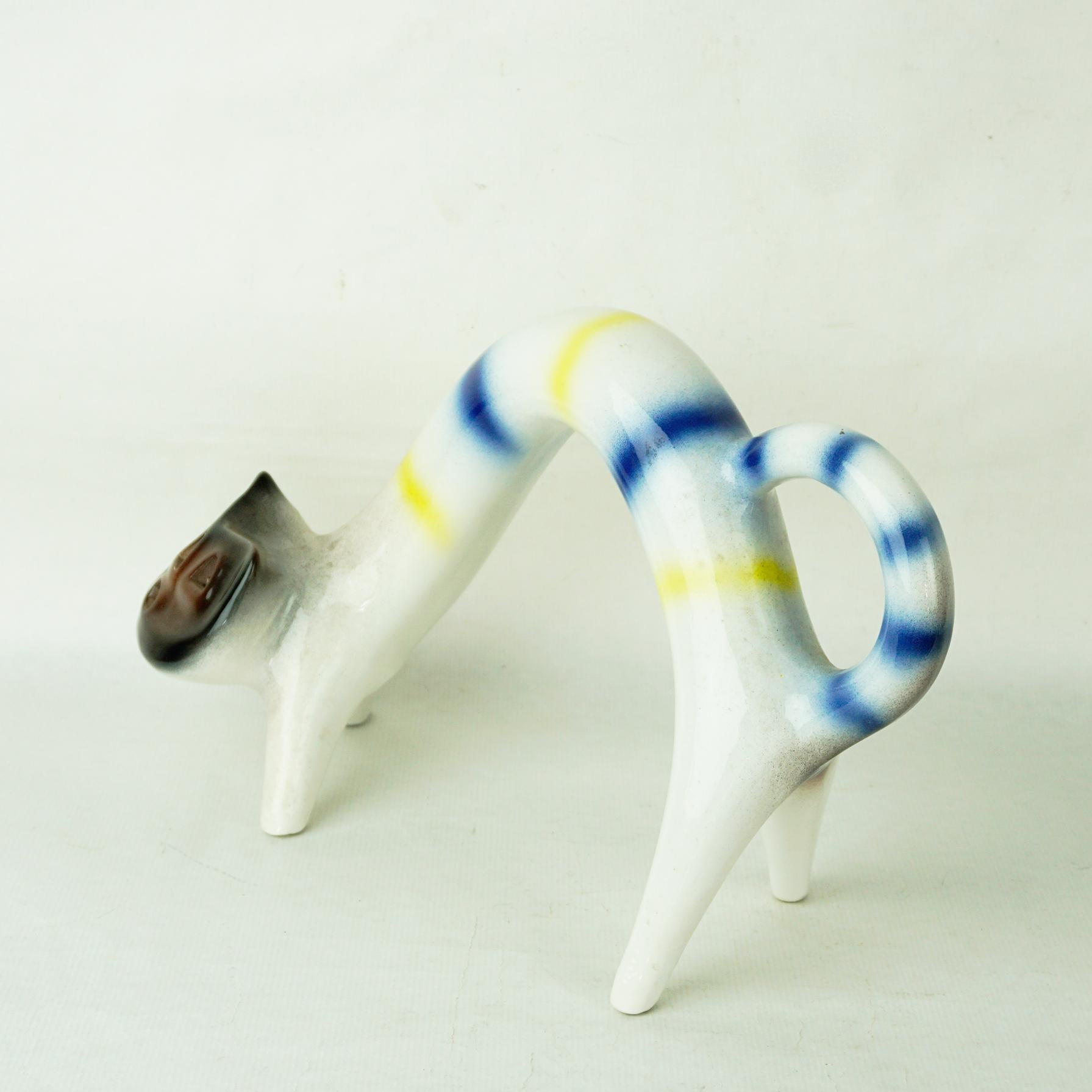 Italian Midcentury Yellow White Blue Striped Ceramic Cat by Roberto Rigon 2