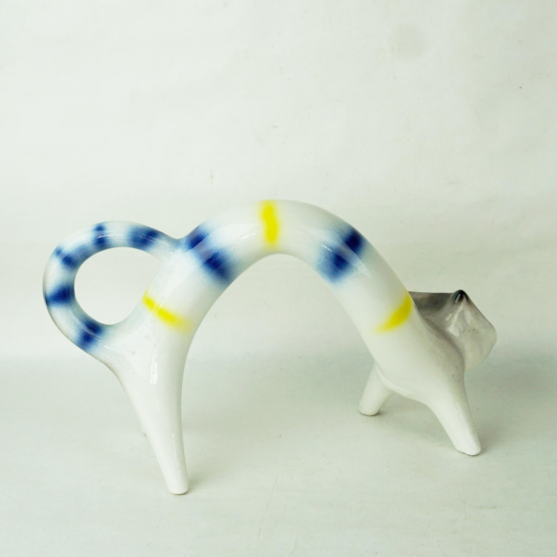 Italian Midcentury Yellow White Blue Striped Ceramic Cat by Roberto Rigon 3