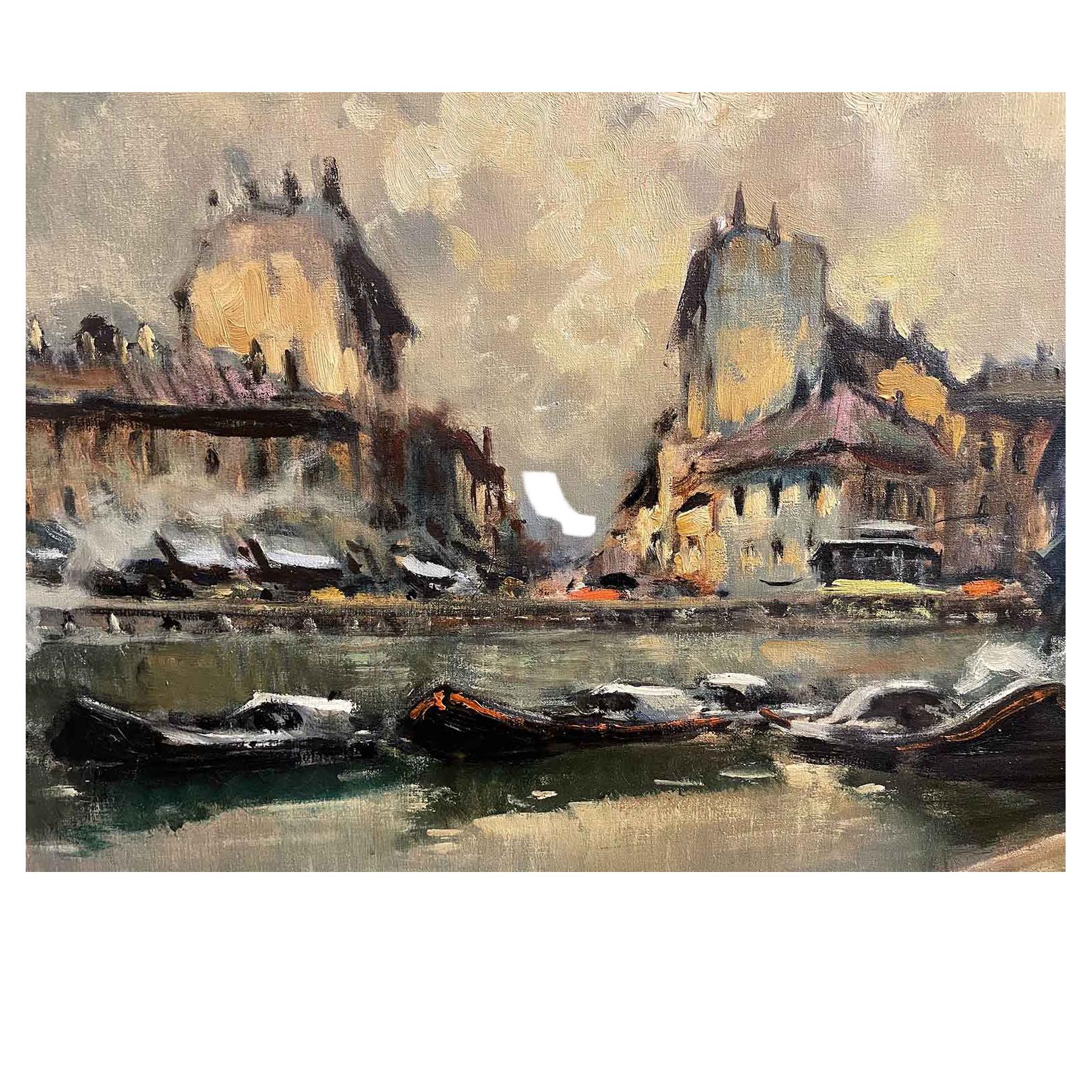 From Italy an original colorful view of Milan depicting the Ticinese Darsena Navigli Canal with boats and buildings, an oil on canvas painting signed lower lright C.Castelfranchi Milano by the Italian painter Cirano Castelfranchi, Milan 1912-1973.