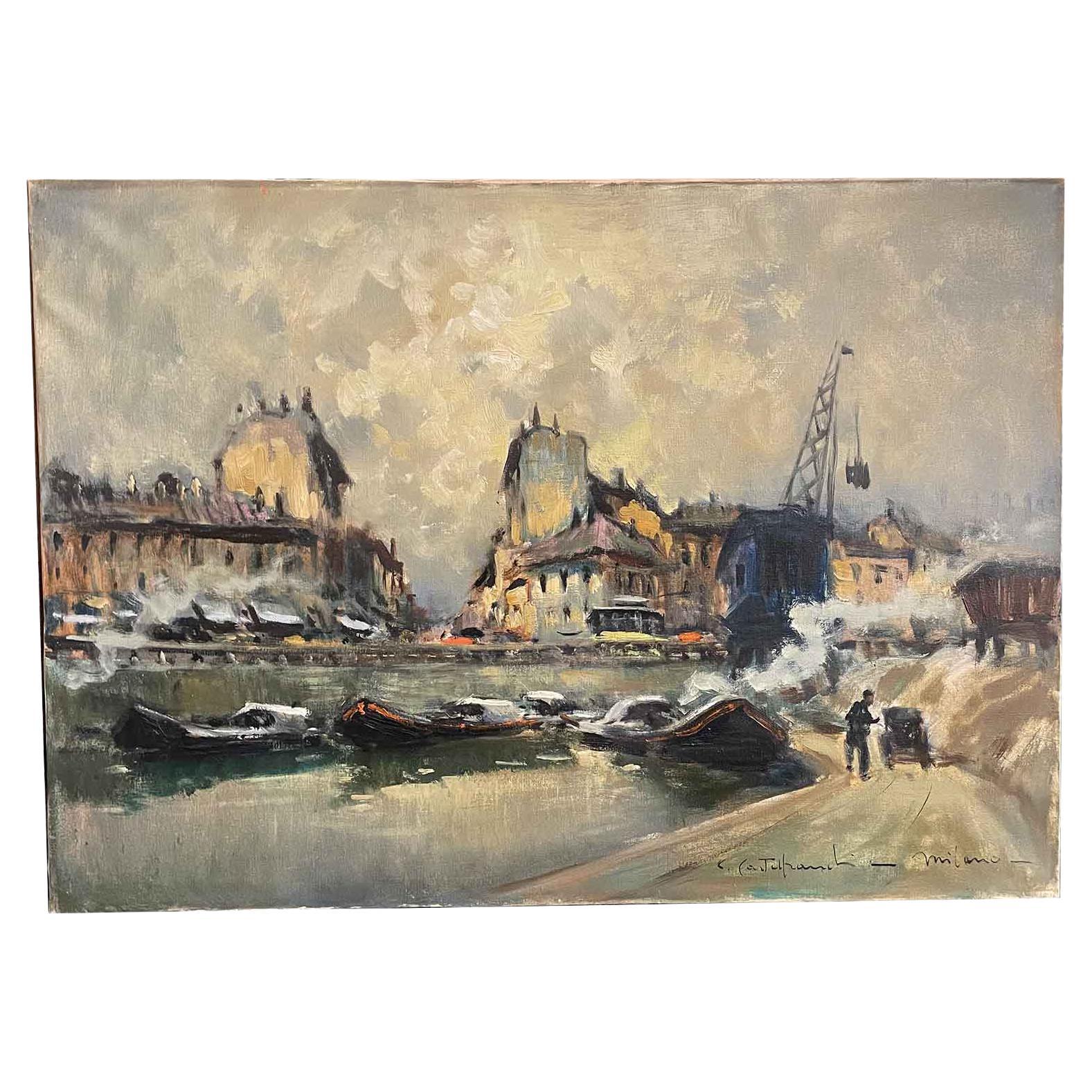 Vue italienne de Milan de Darsena Naviglio par Castelfranchi Cirano 1962 en vente