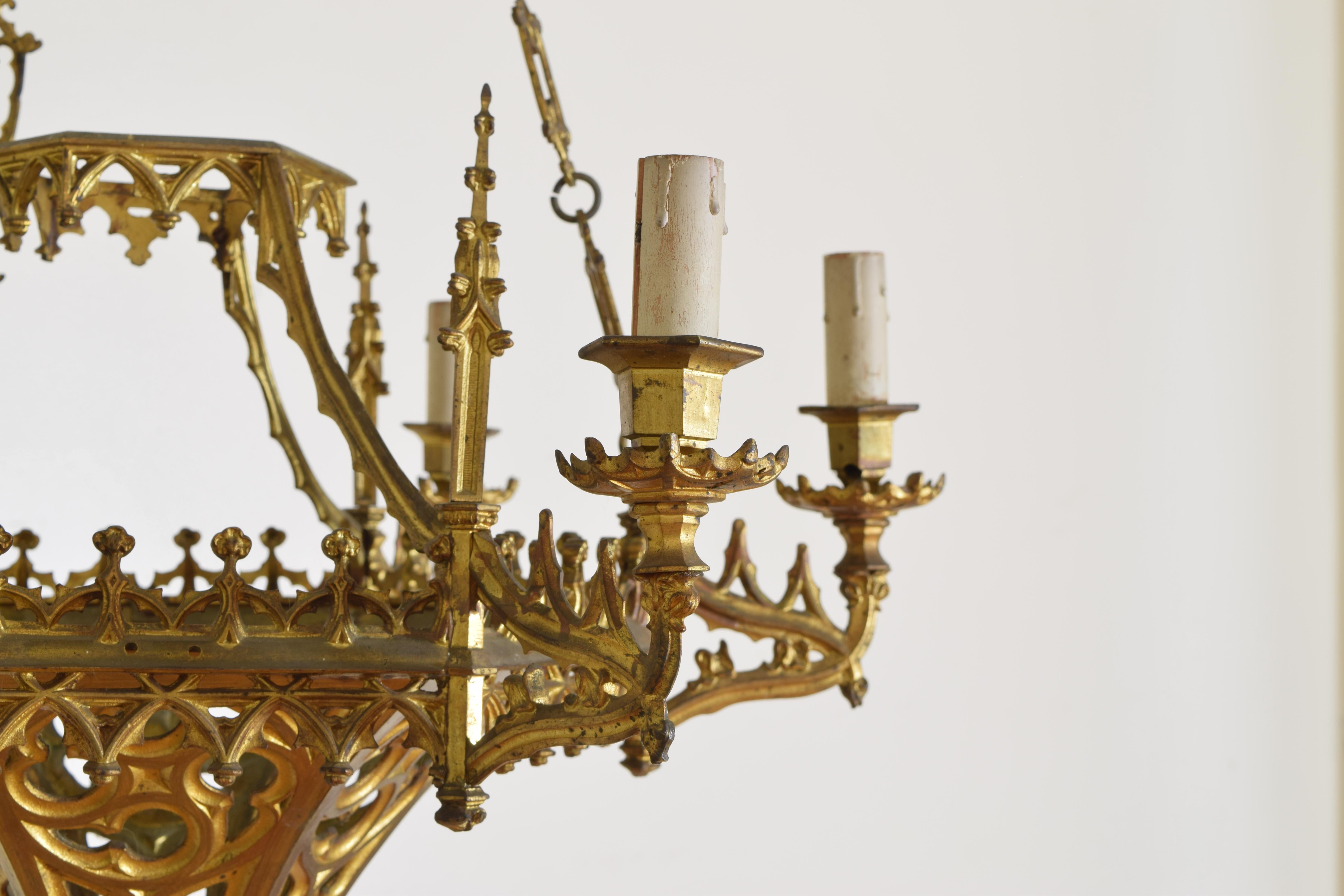 Italian, Milanese, Neogothic Gilt Brass 6-Light Chandelier, Late 19th Century For Sale 7