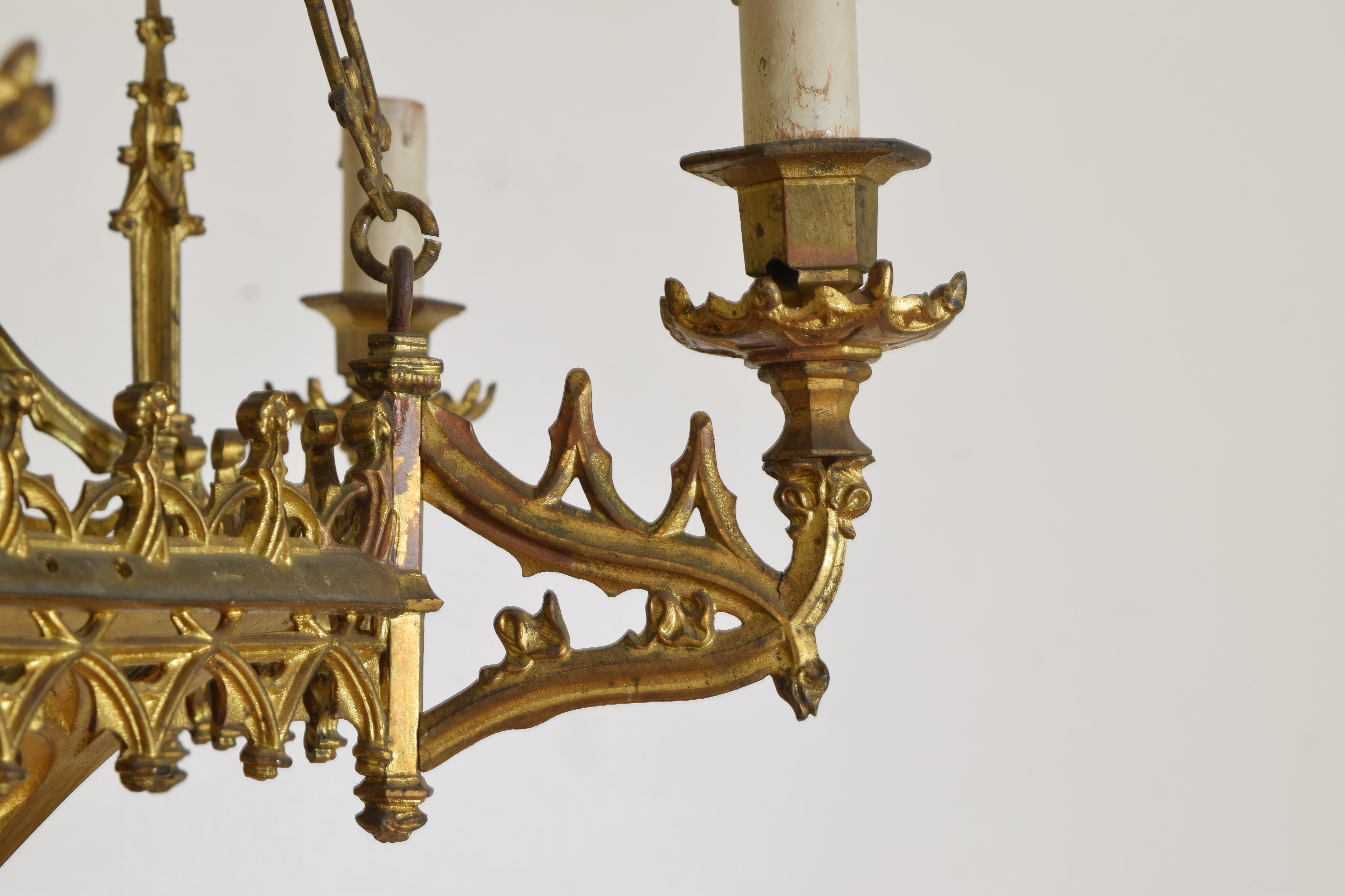 Italian, Milanese, Neogothic Gilt Brass 6-Light Chandelier, Late 19th Century For Sale 8