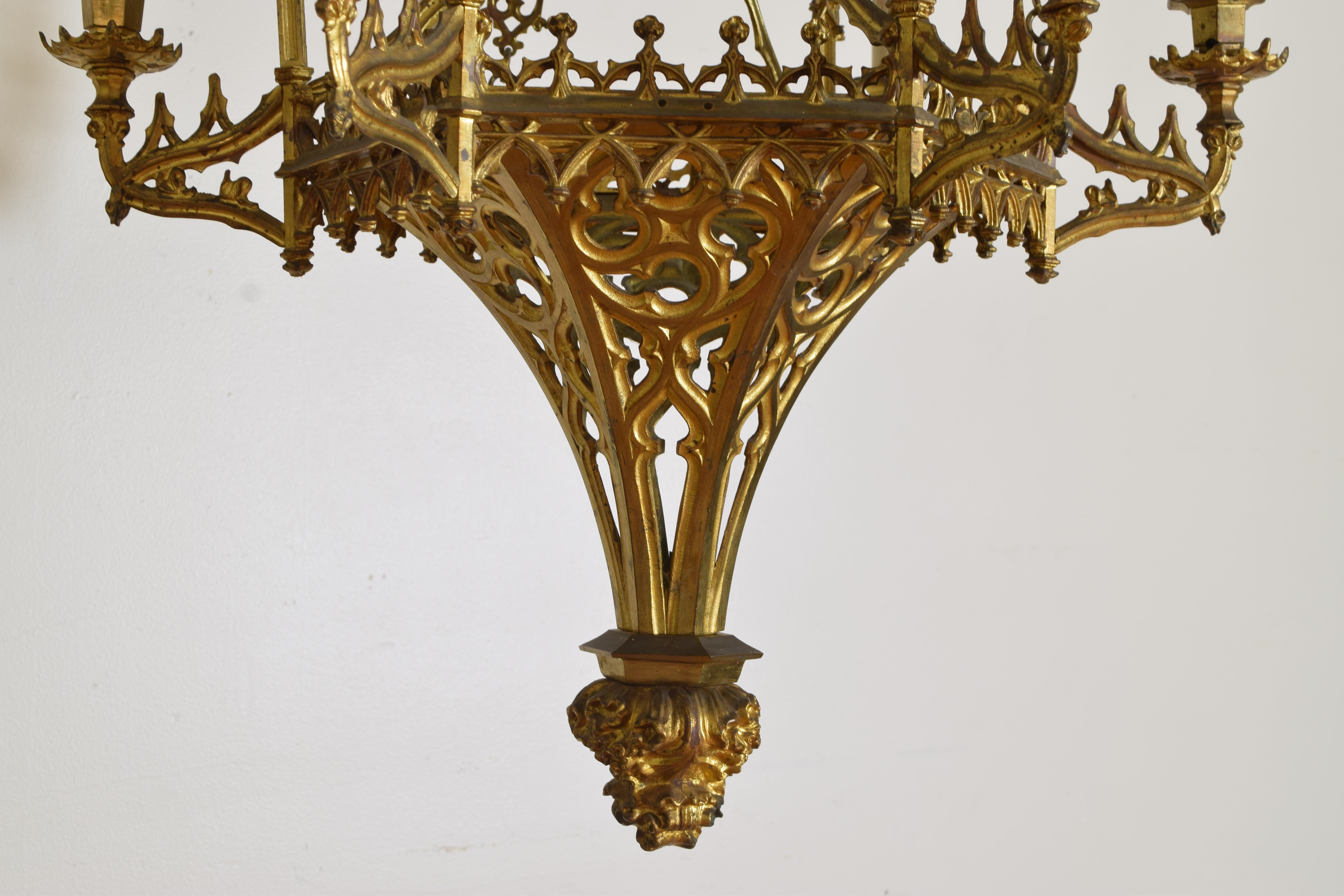 Italian, Milanese, Neogothic Gilt Brass 6-Light Chandelier, Late 19th Century For Sale 9