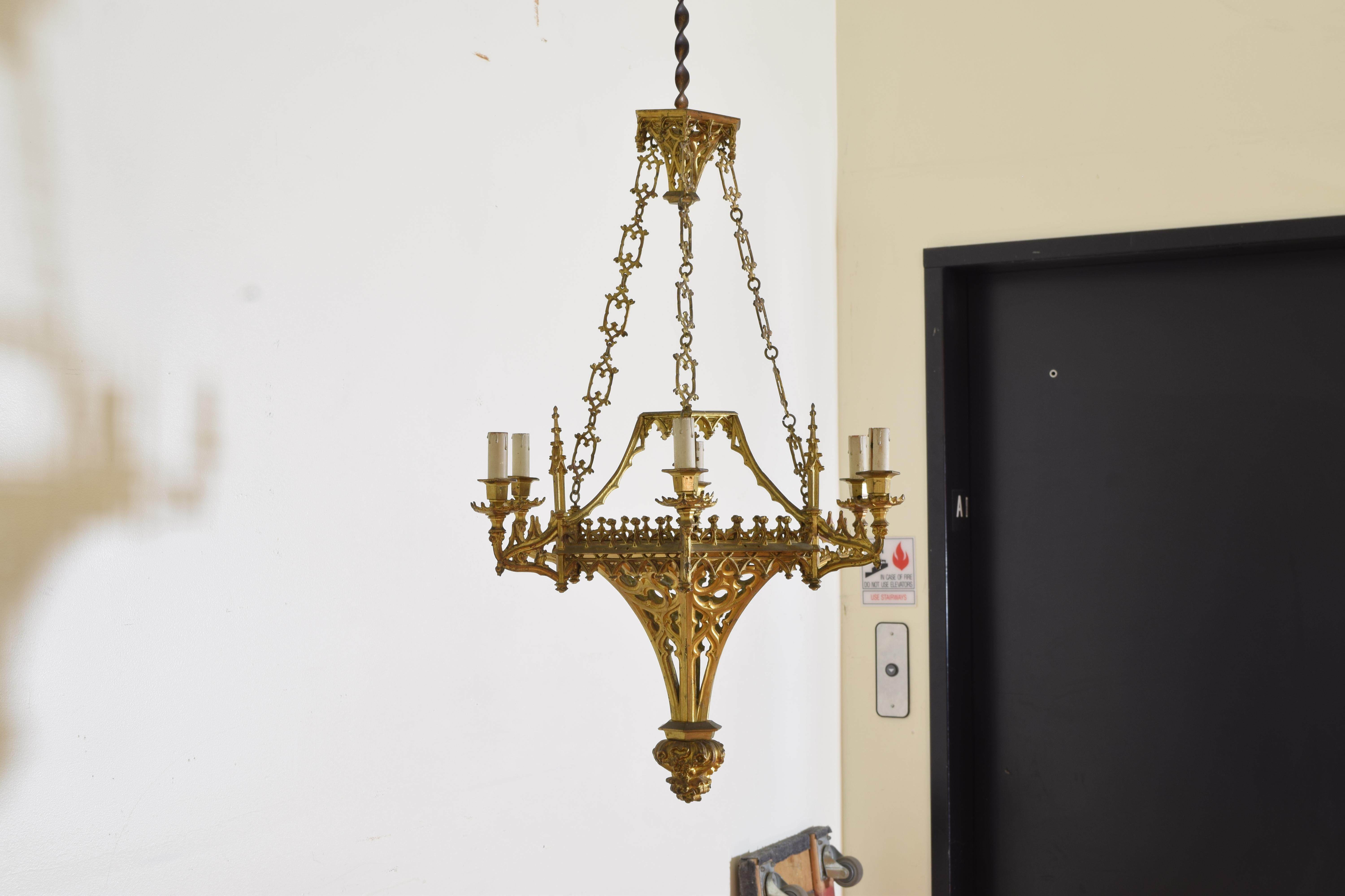 Italian, Milanese, Neogothic Gilt Brass 6-Light Chandelier, Late 19th Century For Sale 1