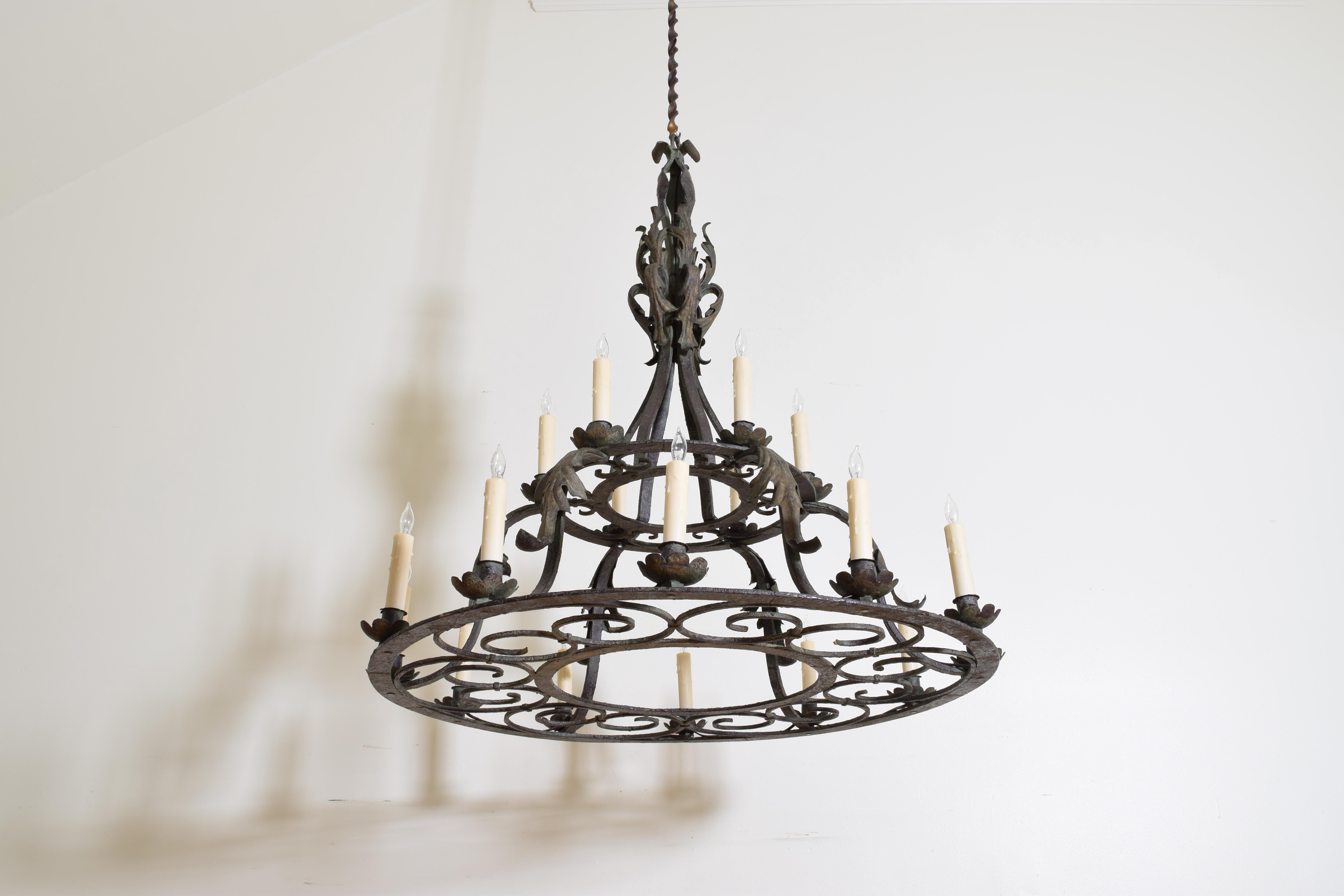 Early 20th Century Italian, Milanese, Wrought & Painted Iron 18-Light Chandelier, UL