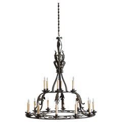 Italian, Milanese, Wrought & Painted Iron 18-Light Chandelier, UL