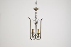 Italian, Milano, Wrought Iron & Faded Green Painted 2-Light Pendant, ca. 1920's