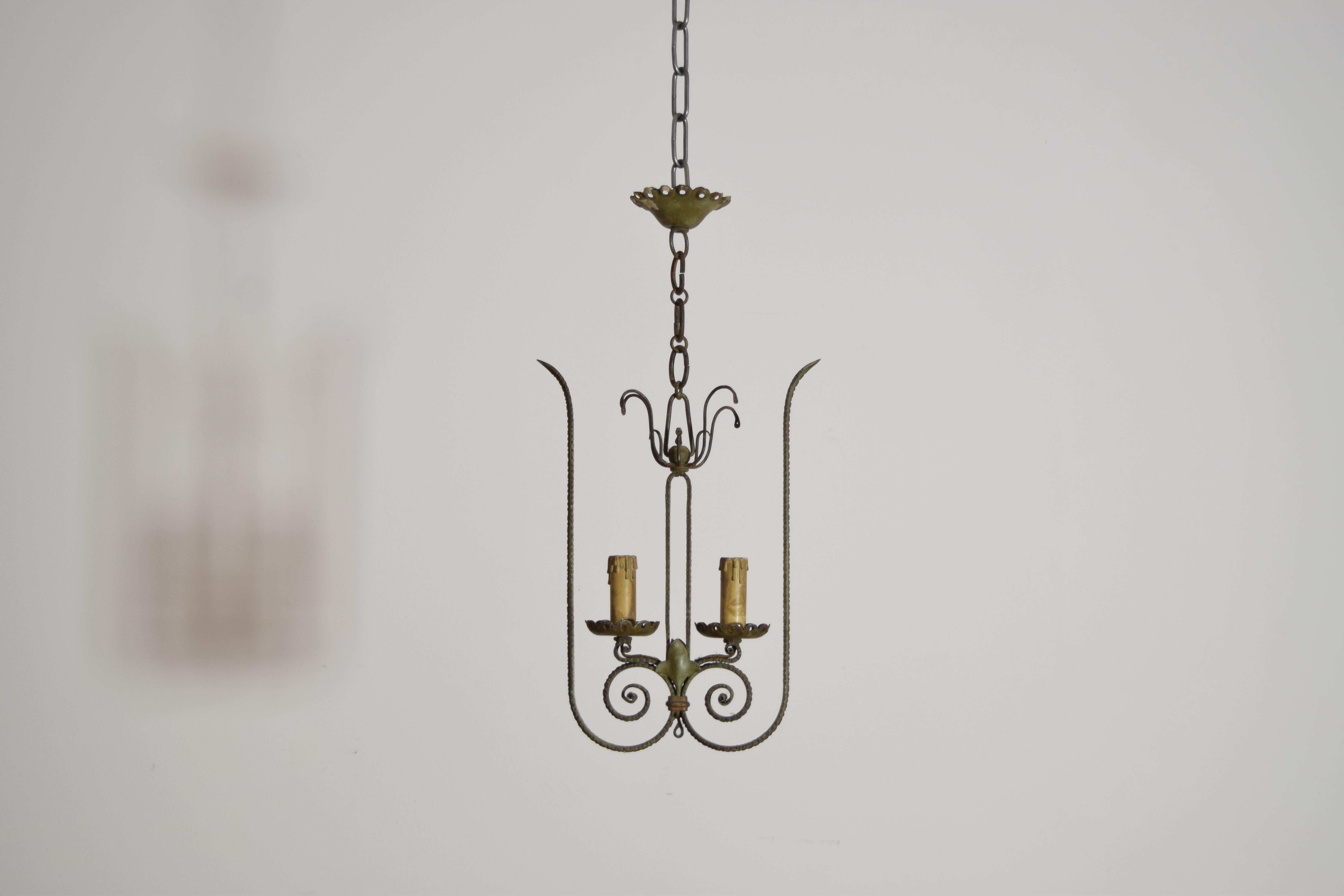 Arts and Crafts Italian, Milano, Wrought Iron & Faded Green Painted 2-Light Pendant, ca. 1920's For Sale