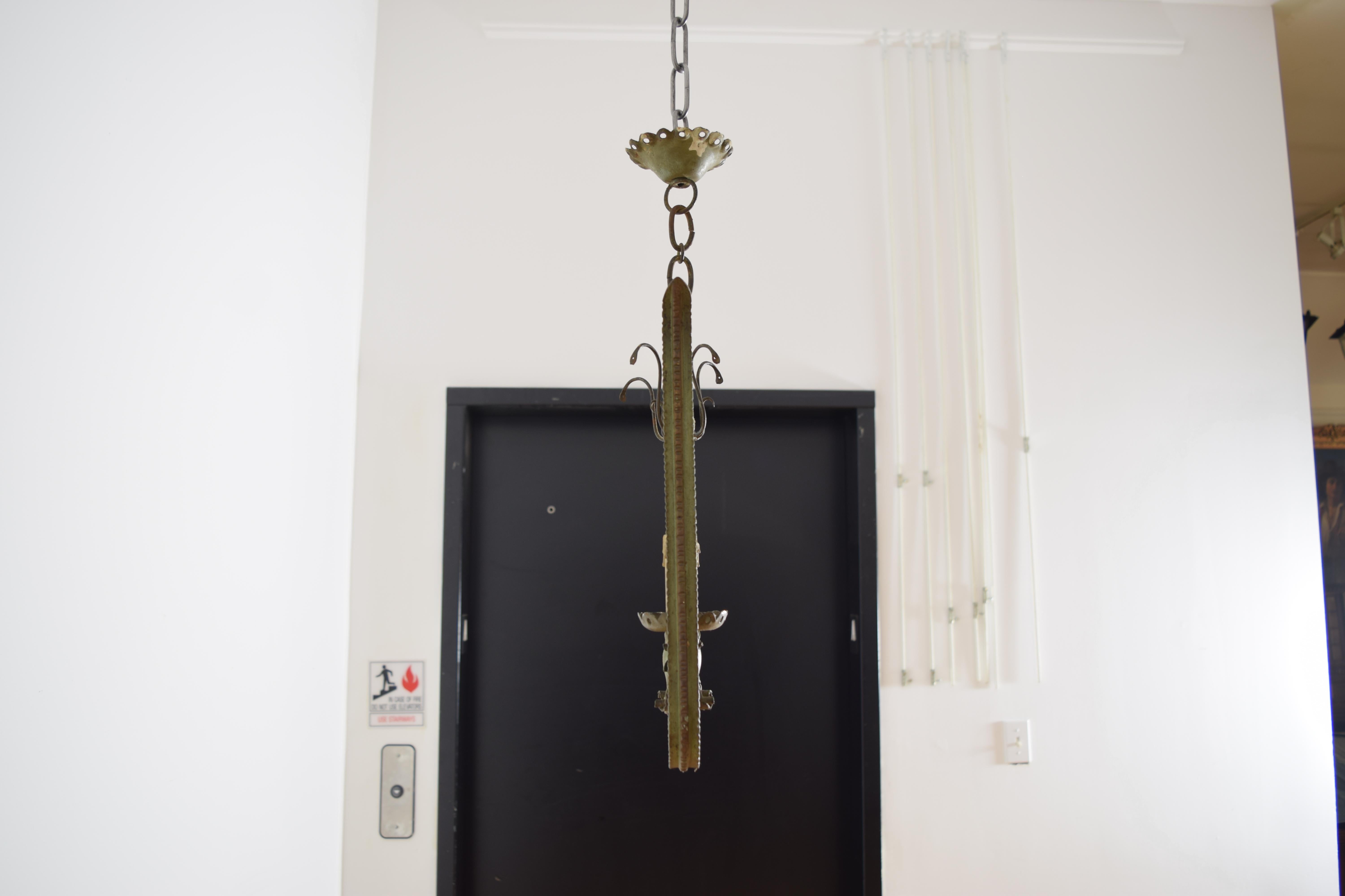Italian, Milano, Wrought Iron & Faded Green Painted 2-Light Pendant, ca. 1920's In Good Condition For Sale In Atlanta, GA