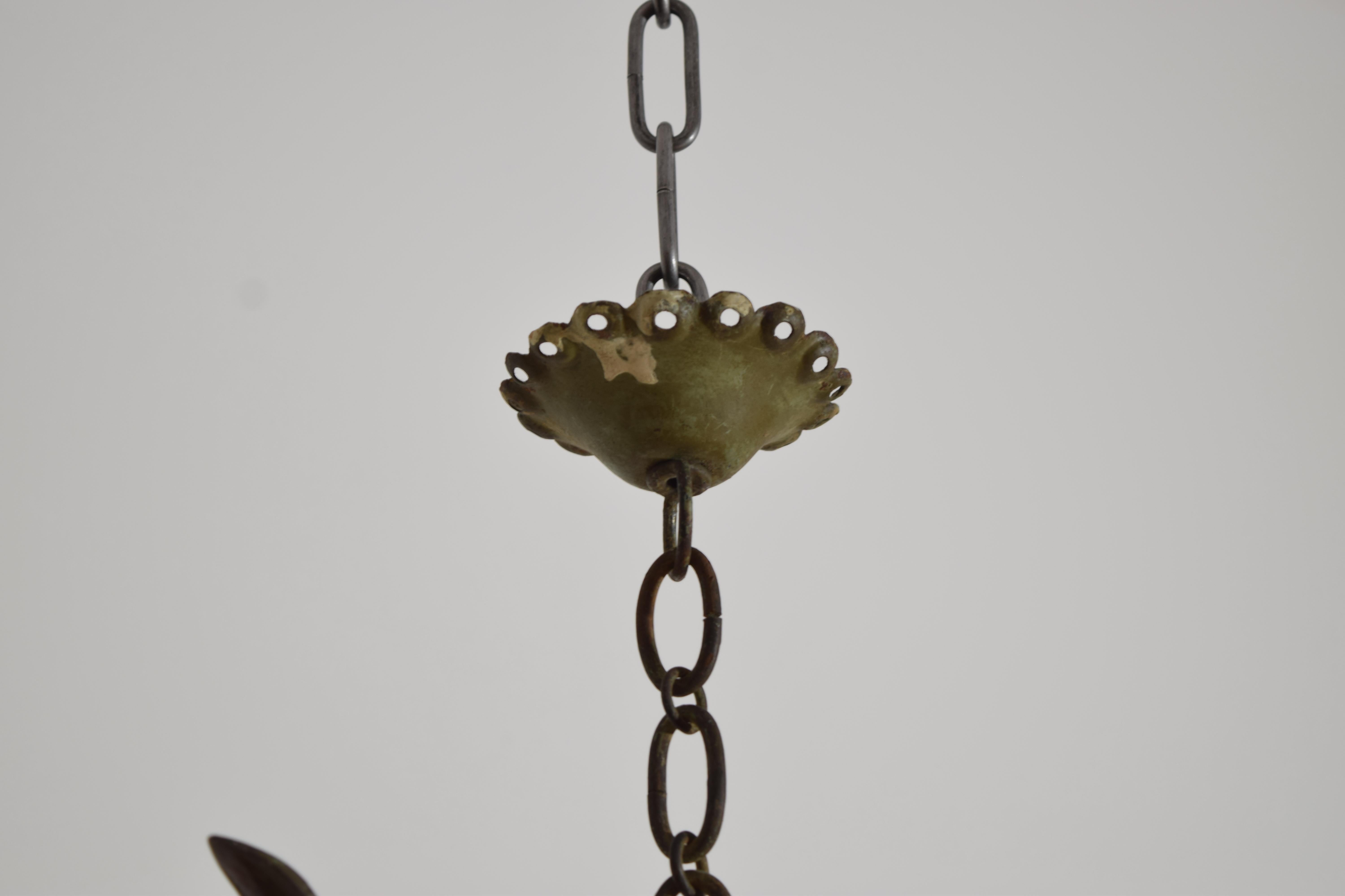 Early 20th Century Italian, Milano, Wrought Iron & Faded Green Painted 2-Light Pendant, ca. 1920's For Sale