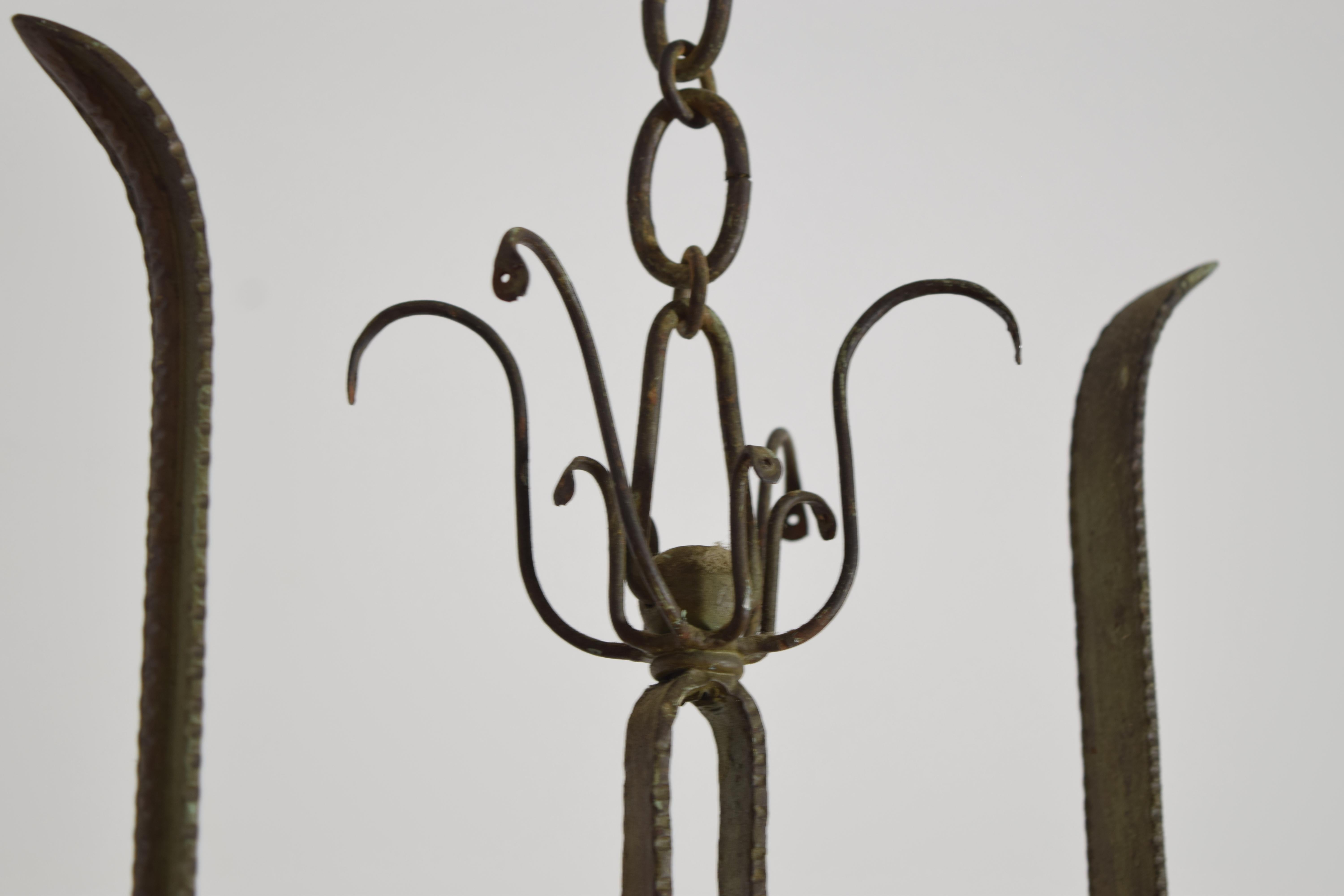 Italian, Milano, Wrought Iron & Faded Green Painted 2-Light Pendant, ca. 1920's For Sale 1