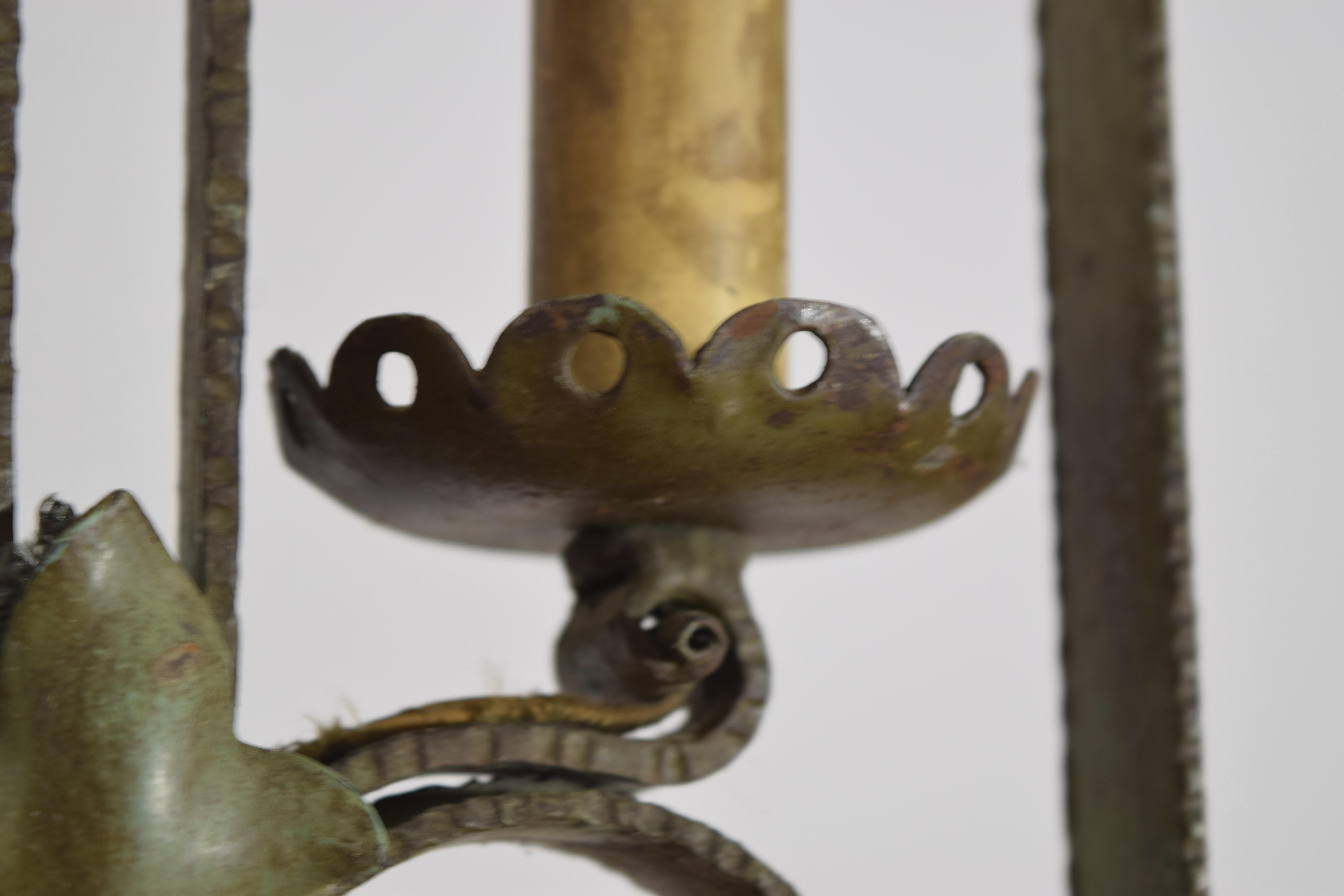 Italian, Milano, Wrought Iron & Faded Green Painted 2-Light Pendant, ca. 1920's For Sale 2