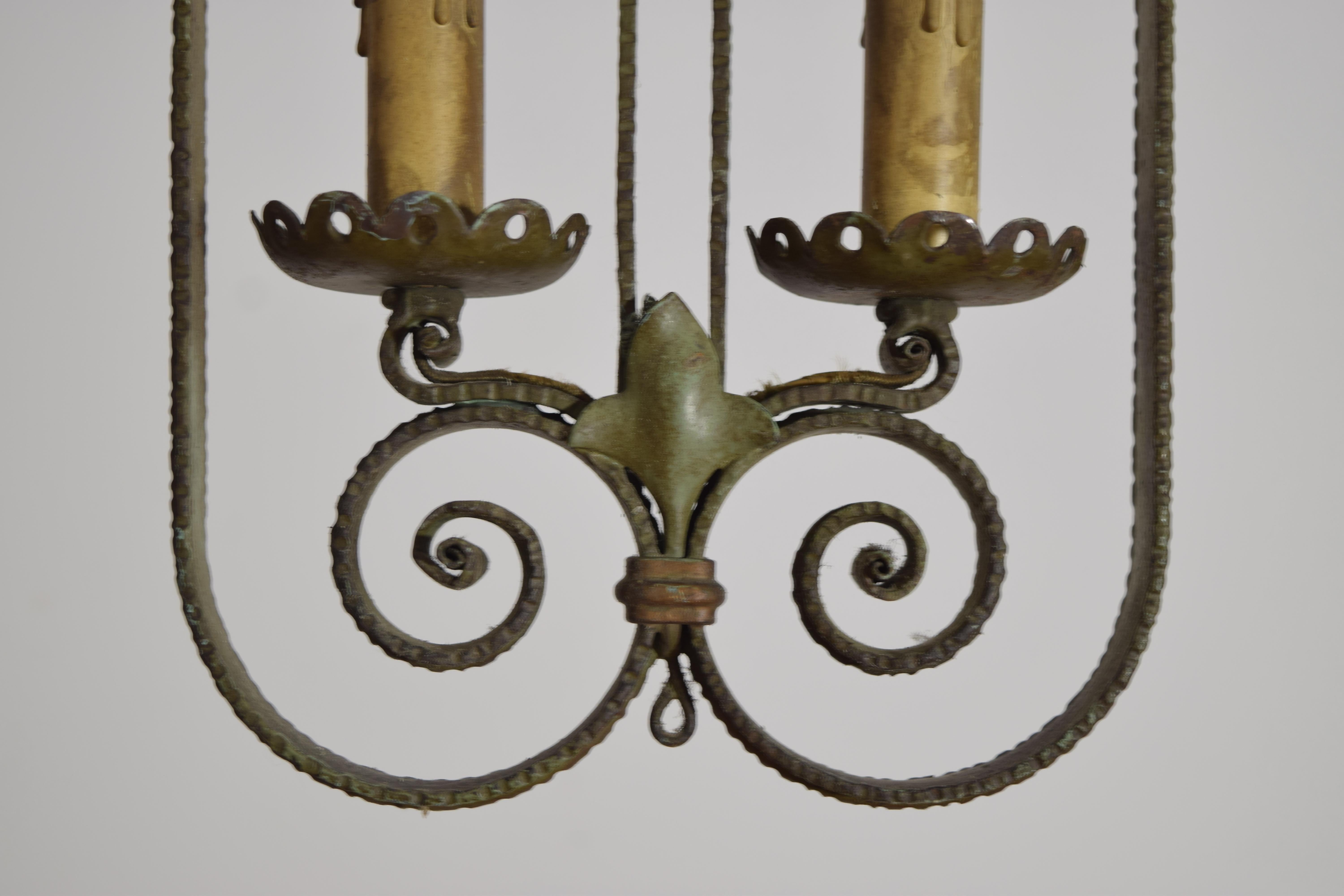 Italian, Milano, Wrought Iron & Faded Green Painted 2-Light Pendant, ca. 1920's For Sale 4