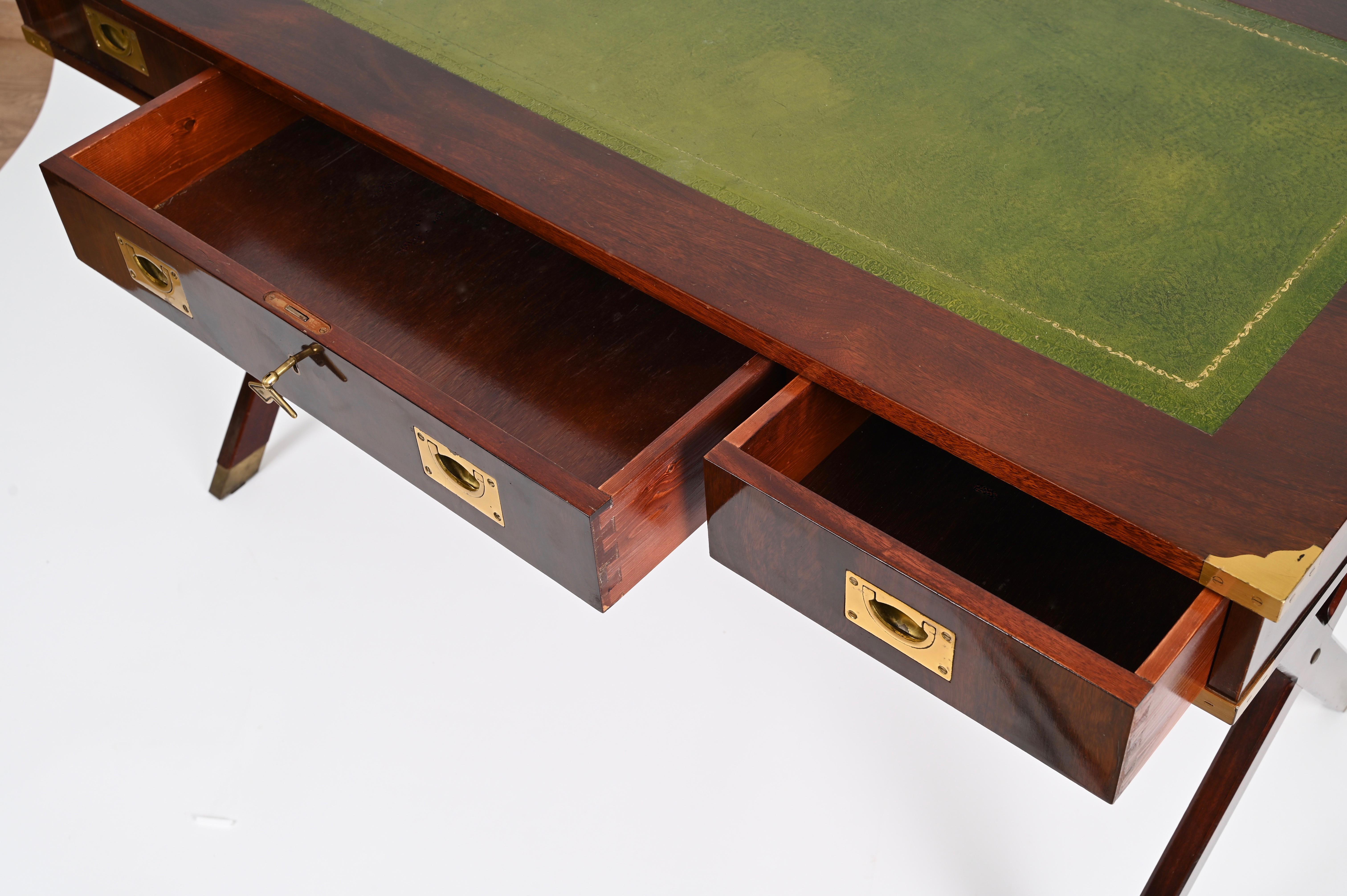 Italian Military Campaign Style Wood and Brass Desk with Green Leather, 1960s For Sale 4