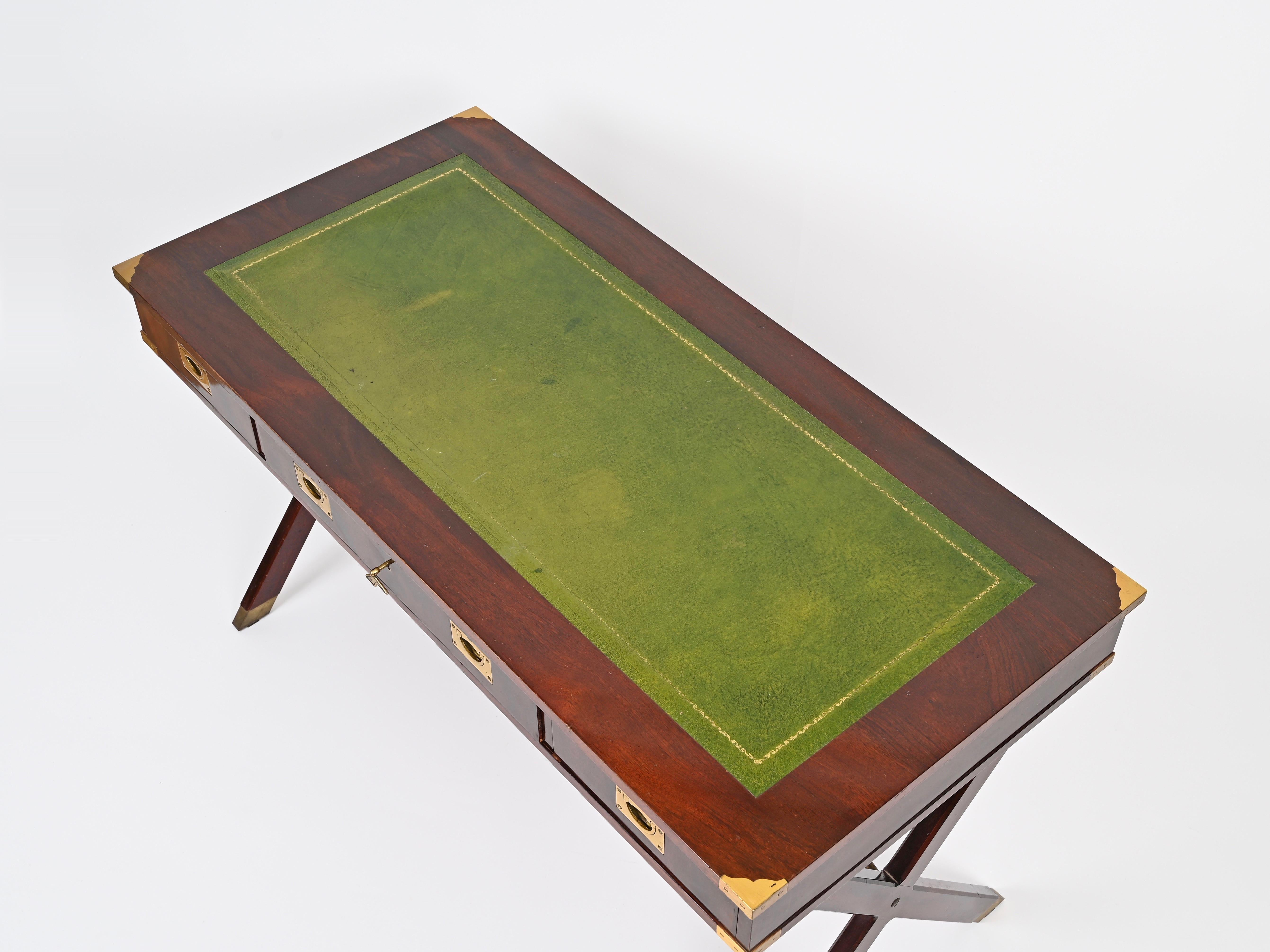 Italian Military Campaign Style Wood and Brass Desk with Green Leather, 1960s For Sale 5