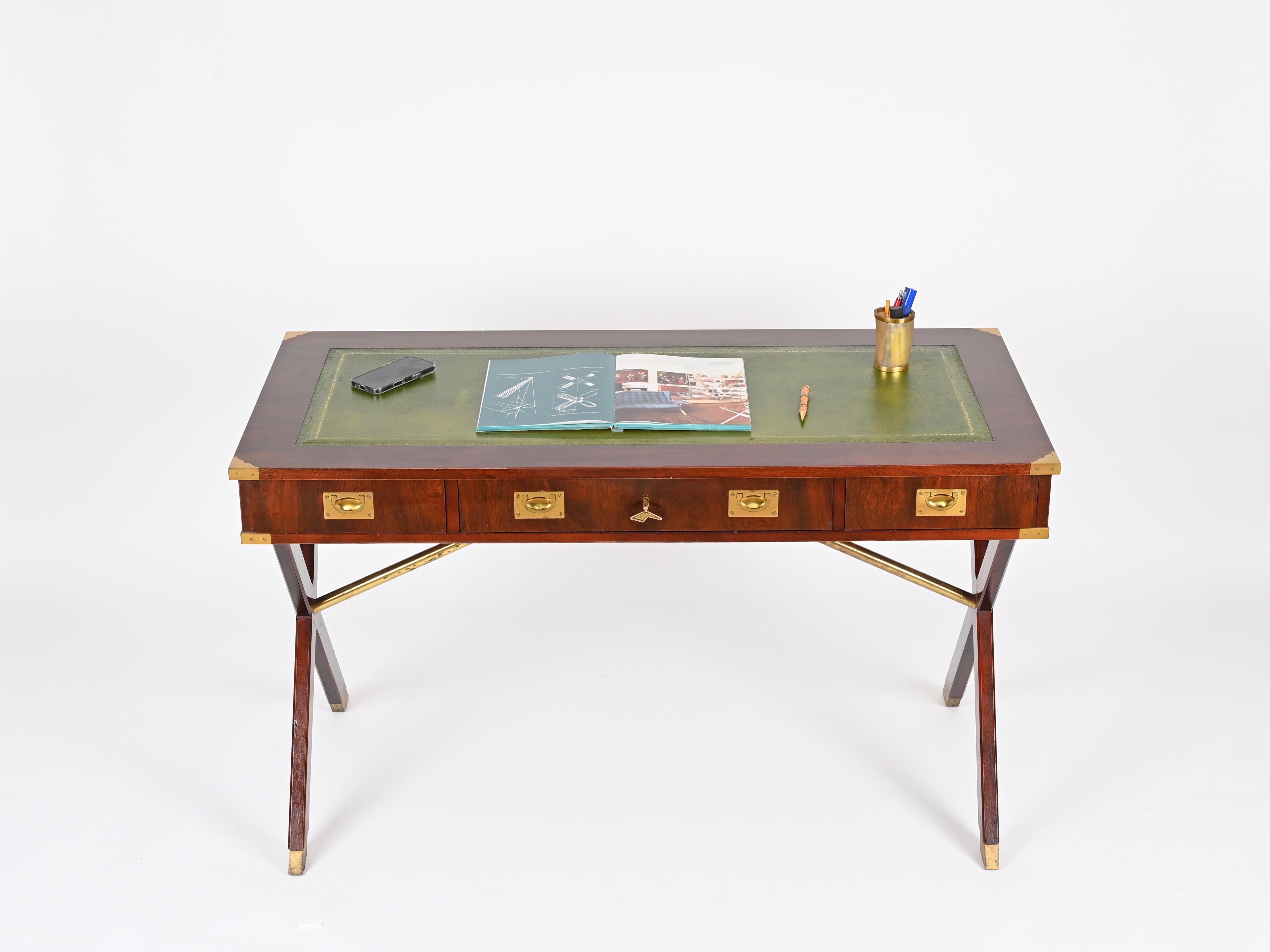 Italian Military Campaign Style Wood and Brass Desk with Green Leather, 1960s For Sale 6
