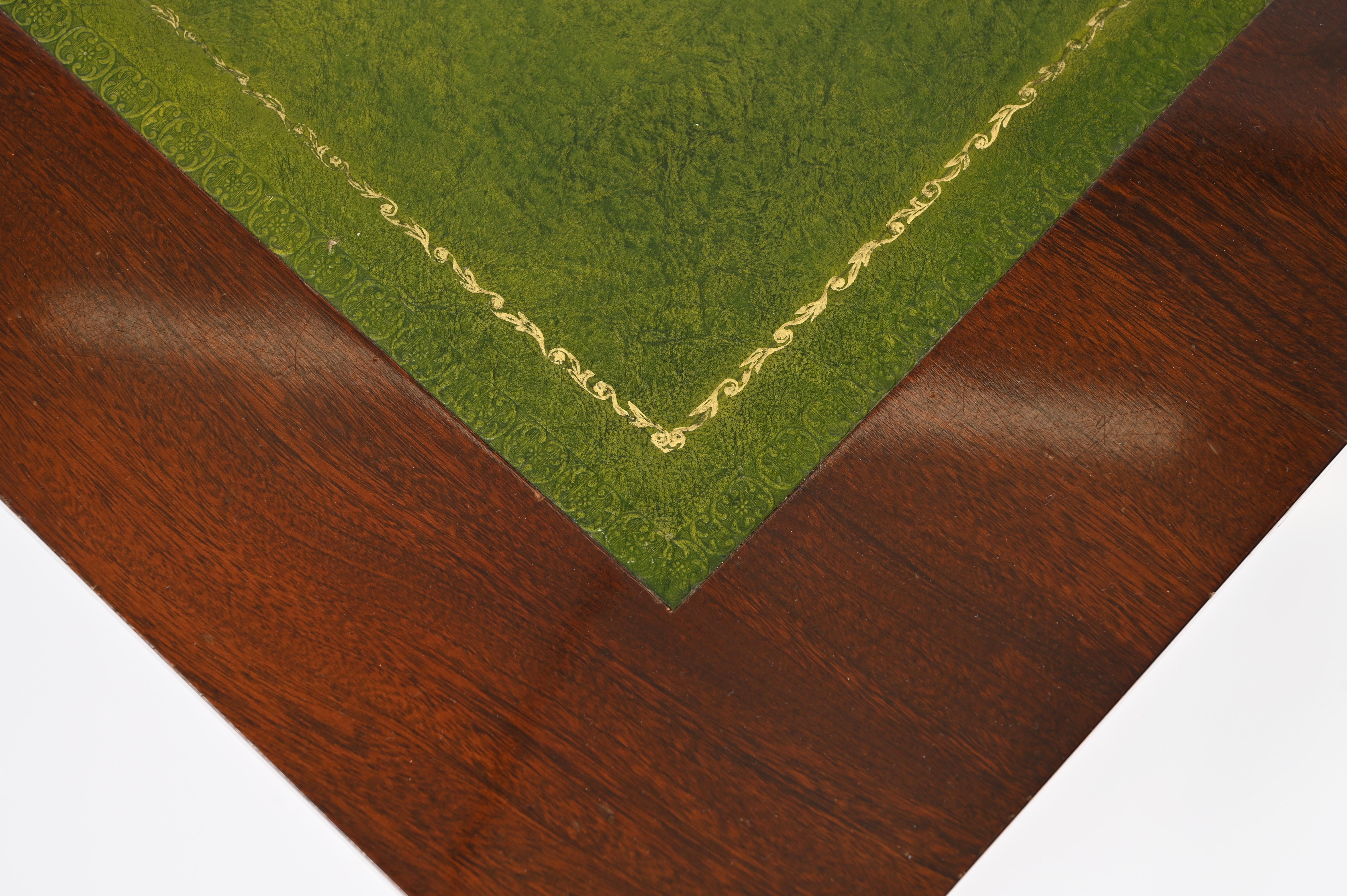 Italian Military Campaign Style Wood and Brass Desk with Green Leather, 1960s For Sale 7