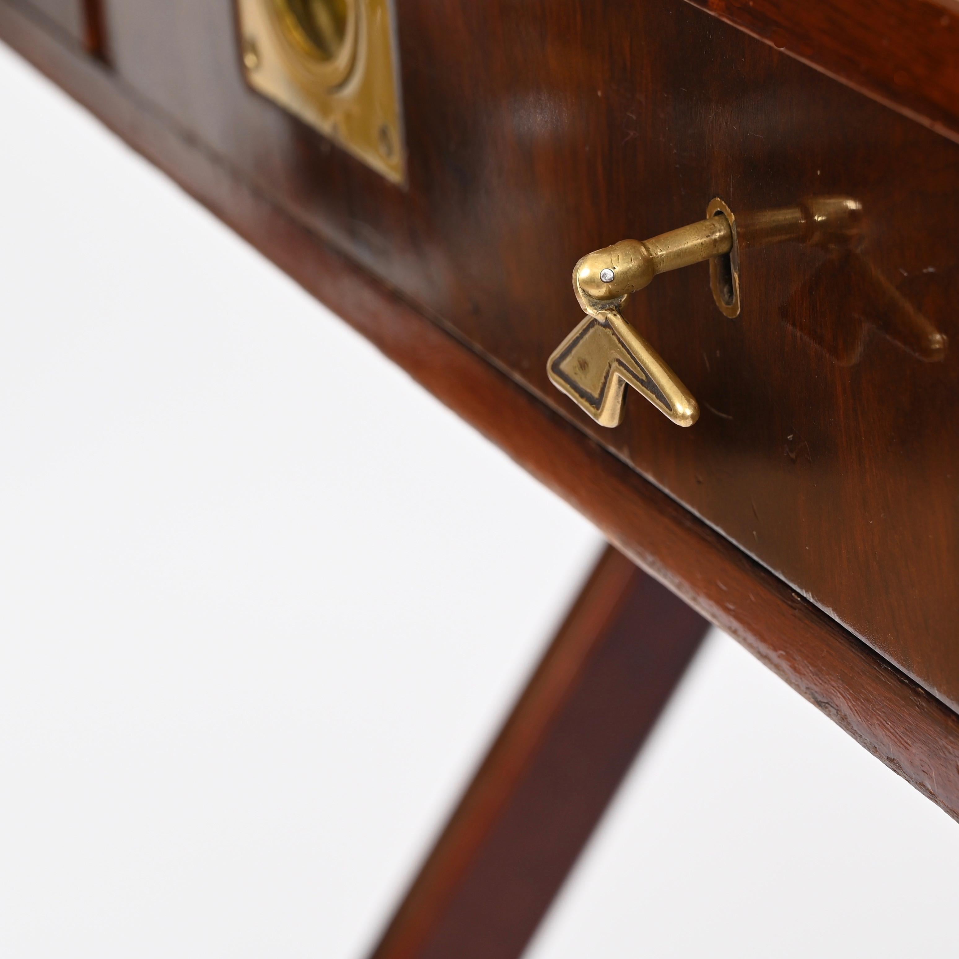 Italian Military Campaign Style Wood and Brass Desk with Green Leather, 1960s For Sale 8