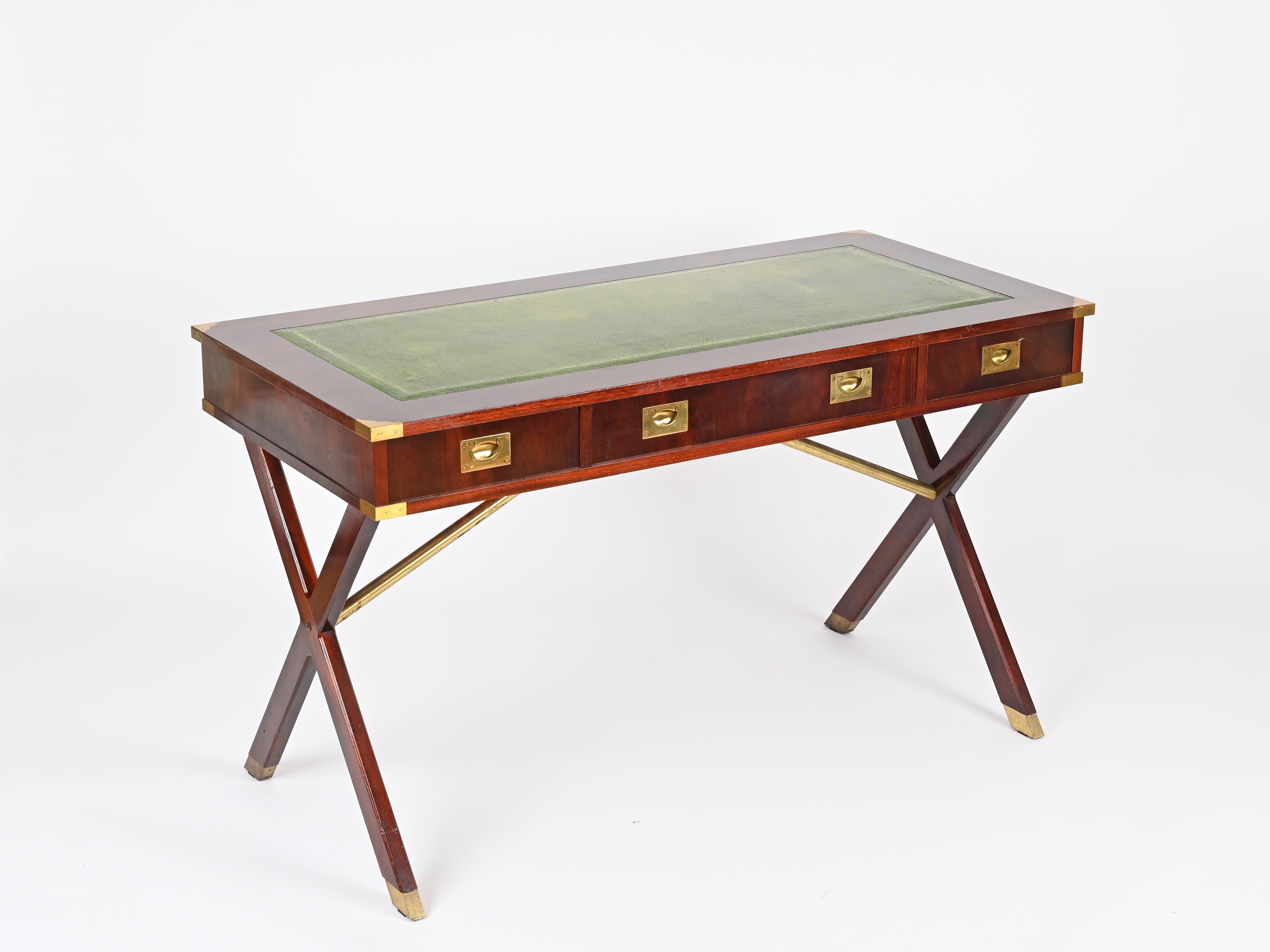 Italian Military Campaign Style Wood and Brass Desk with Green Leather, 1960s For Sale 9