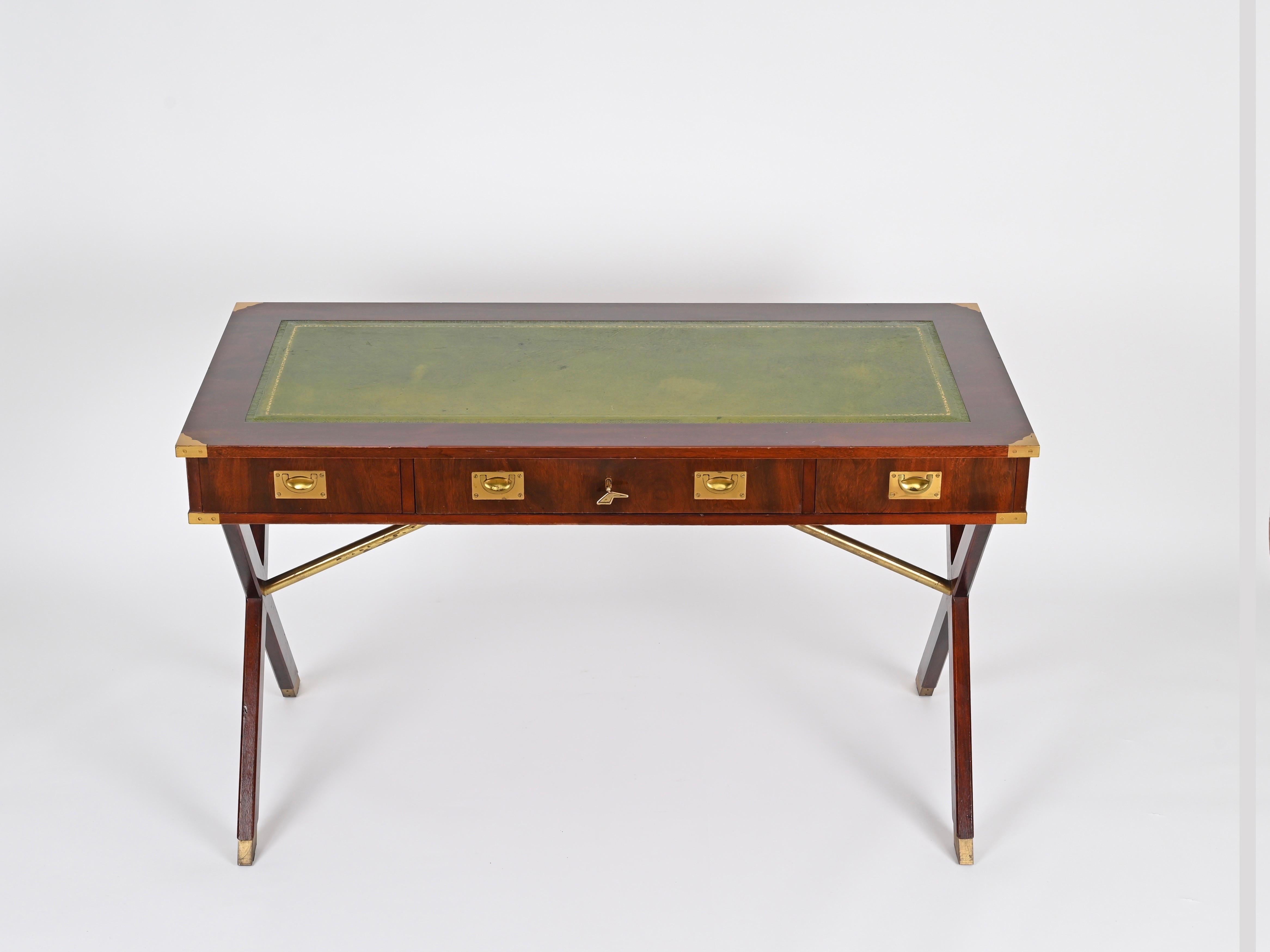 Italian Military Campaign Style Wood and Brass Desk with Green Leather, 1960s For Sale 10
