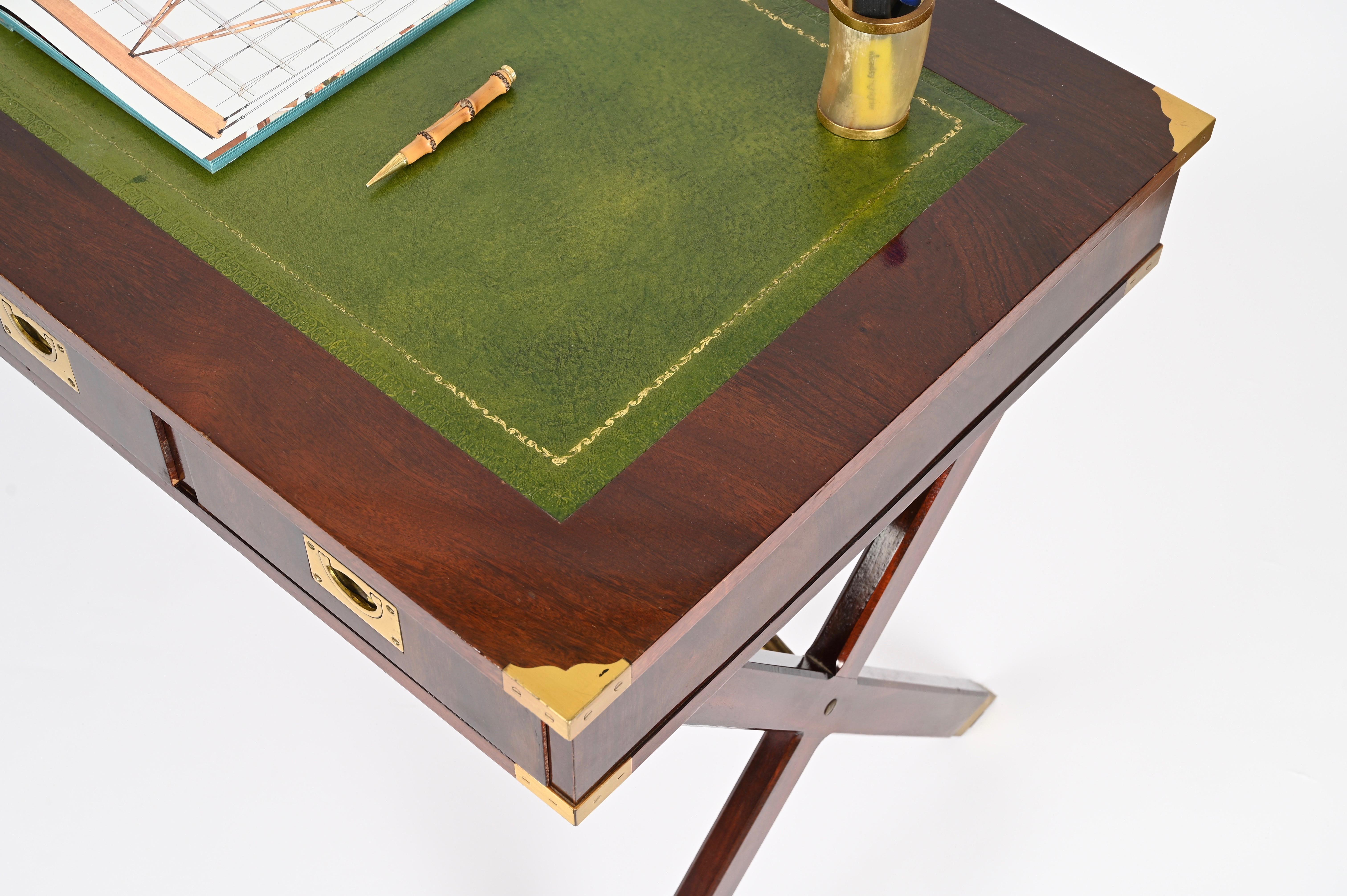 Italian Military Campaign Style Wood and Brass Desk with Green Leather, 1960s For Sale 11