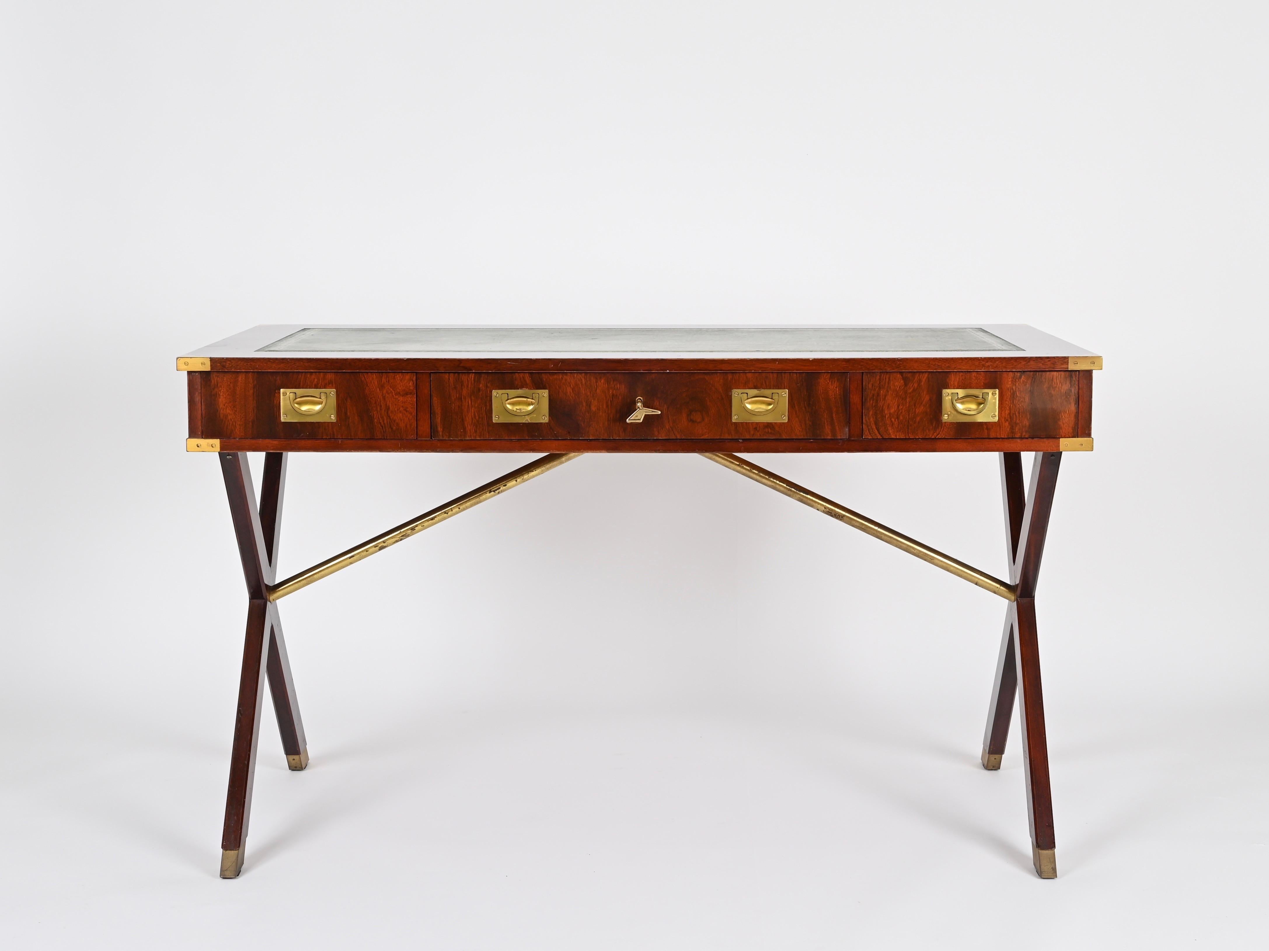 Hand-Crafted Italian Military Campaign Style Wood and Brass Desk with Green Leather, 1960s For Sale