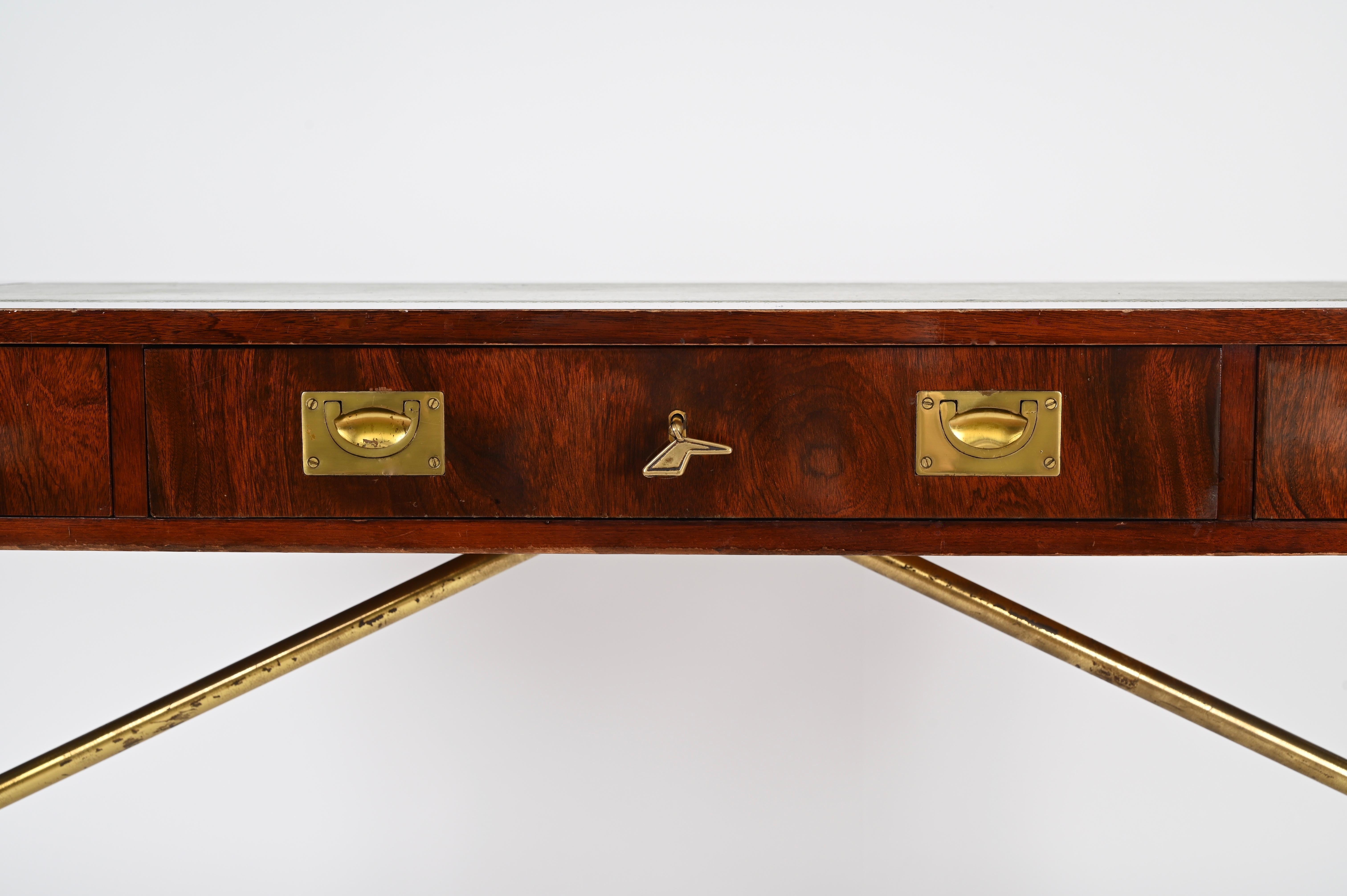 20th Century Italian Military Campaign Style Wood and Brass Desk with Green Leather, 1960s For Sale