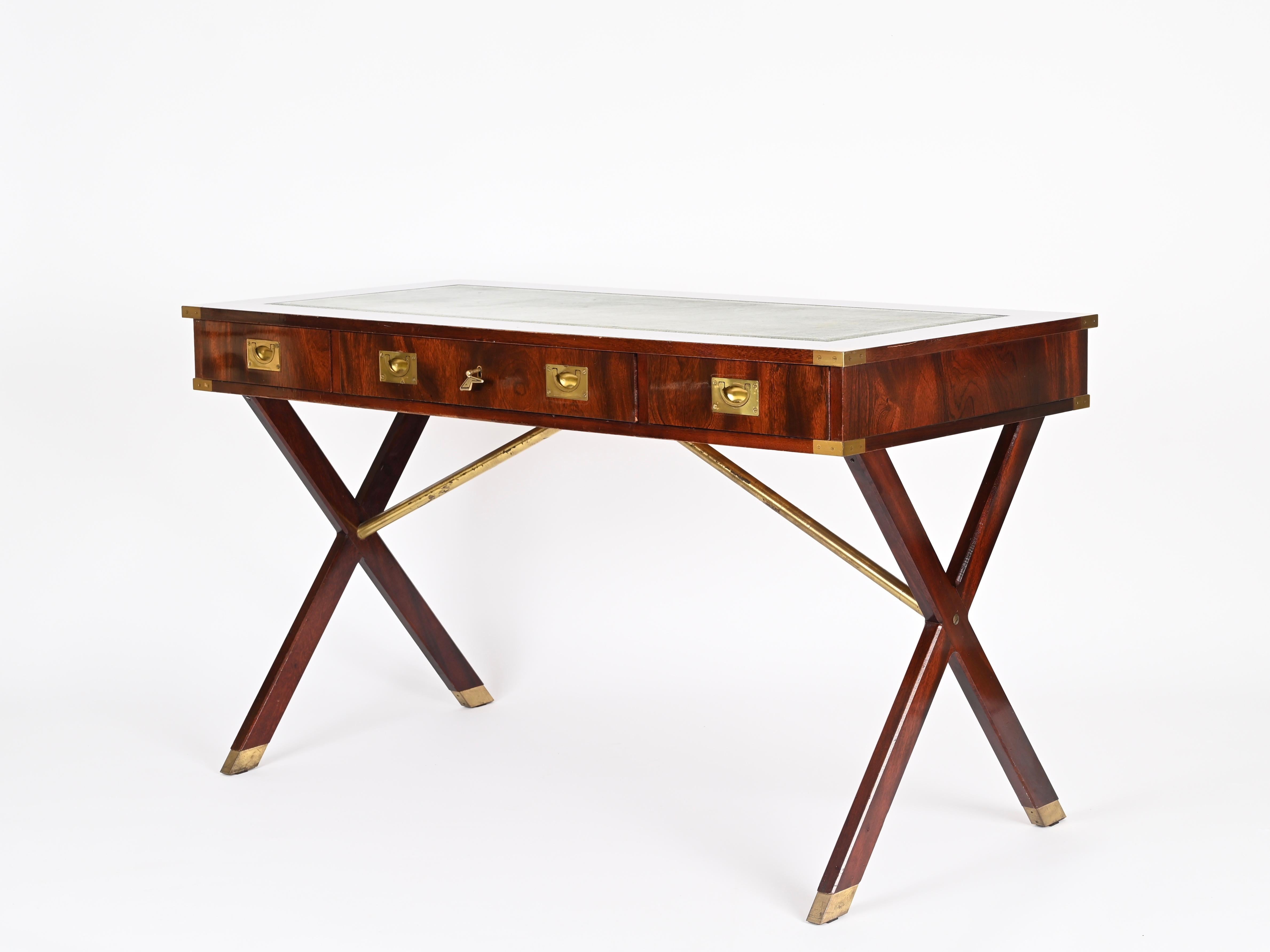Metal Italian Military Campaign Style Wood and Brass Desk with Green Leather, 1960s For Sale