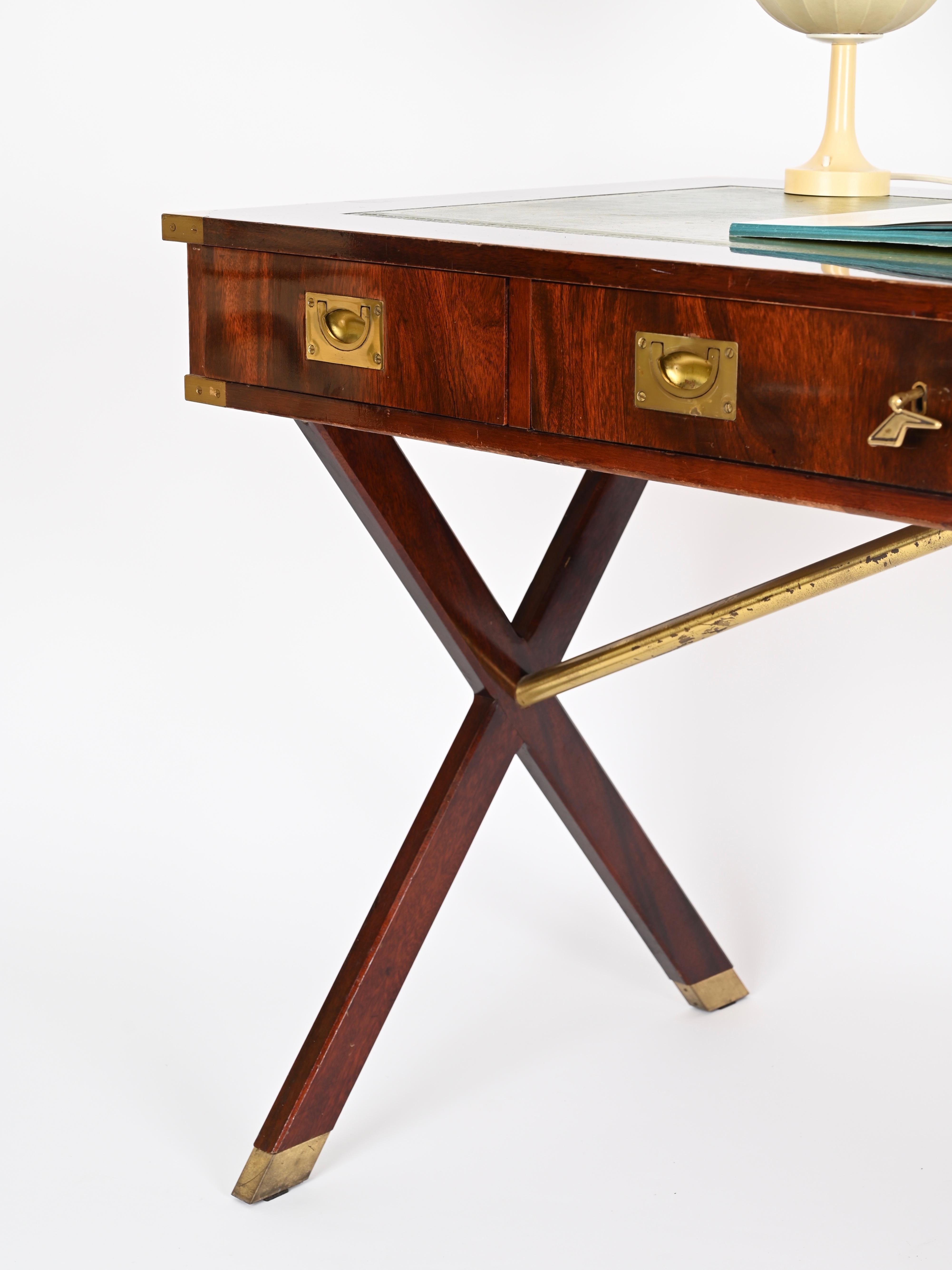 Italian Military Campaign Style Wood and Brass Desk with Green Leather, 1960s For Sale 1