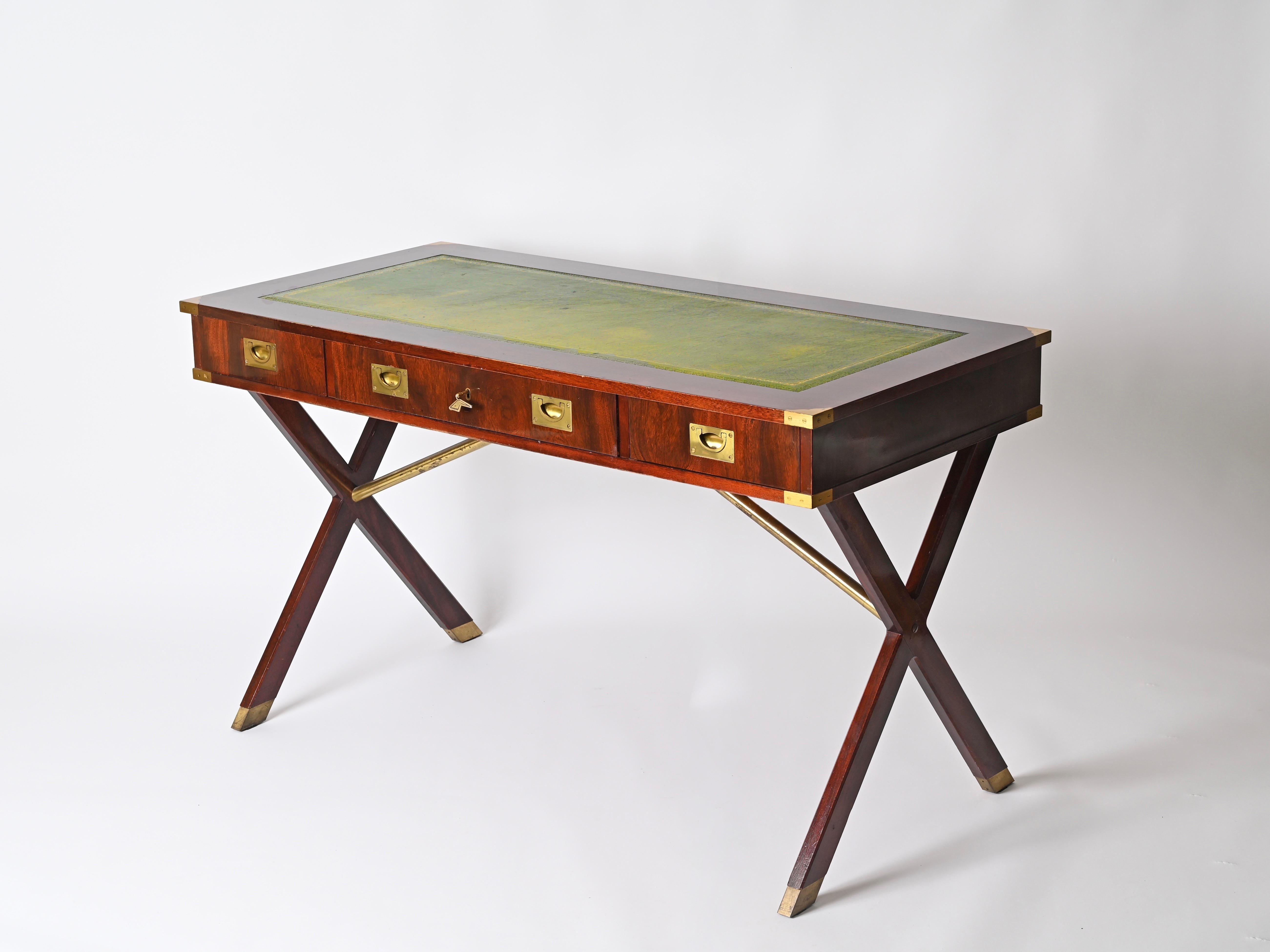 Italian Military Campaign Style Wood and Brass Desk with Green Leather, 1960s For Sale 2