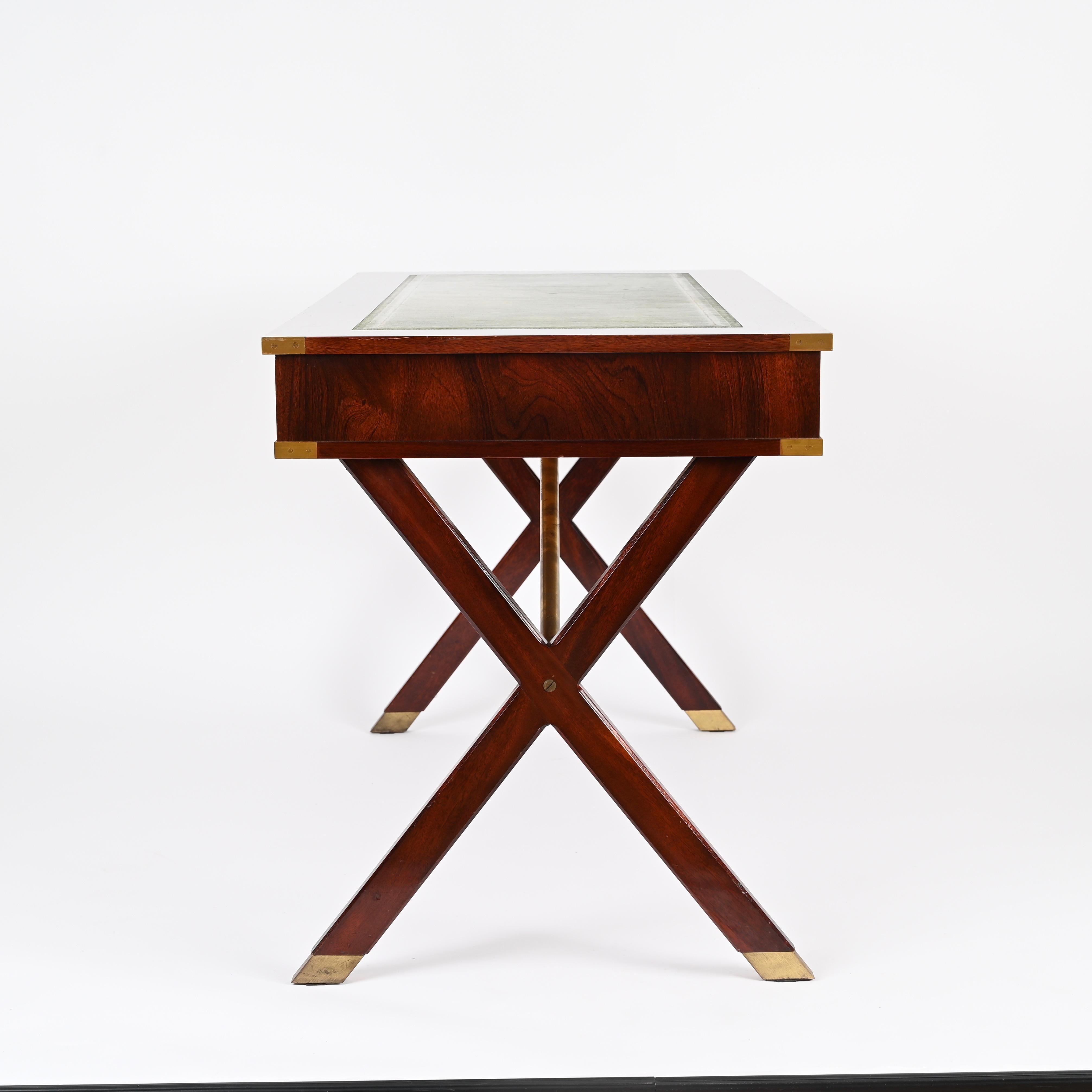 Italian Military Campaign Style Wood and Brass Desk with Green Leather, 1960s For Sale 3