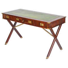 Italian Military Campaign Style Wood and Brass Desk with Green Leather, 1960s