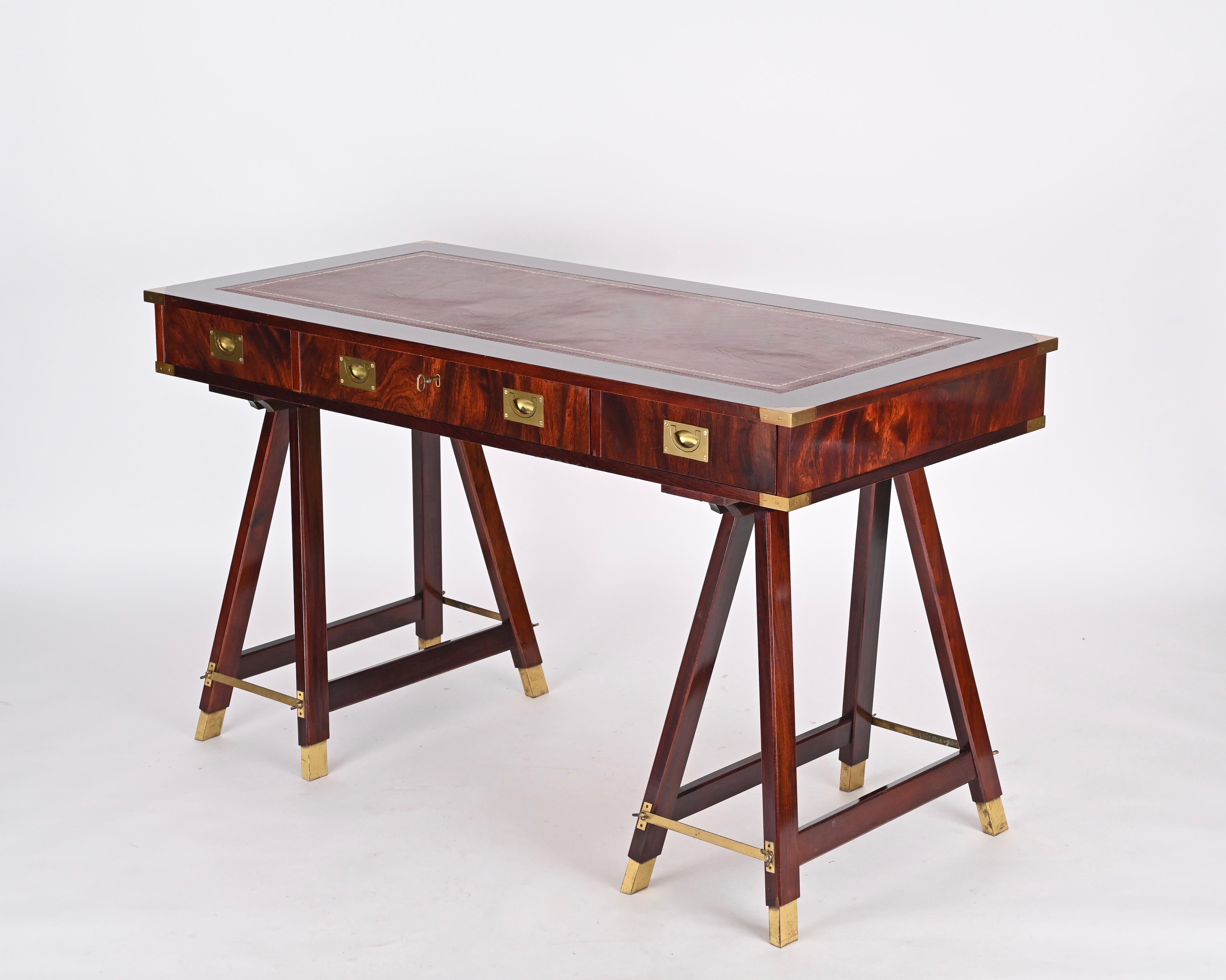 Italian Military Campaign Style Wood and Brass Desk with Leather Top, 1960s 4