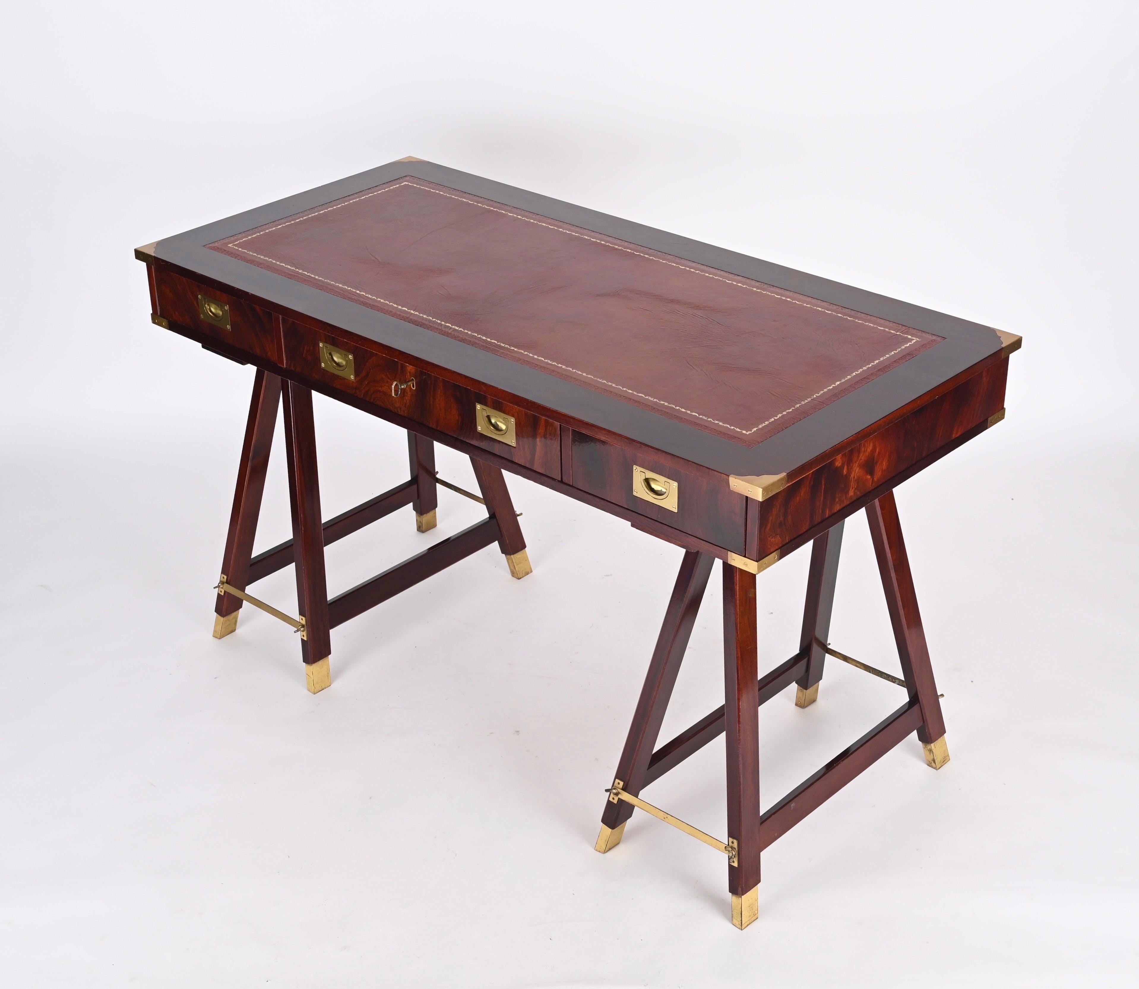 Italian Military Campaign Style Wood and Brass Desk with Leather Top, 1960s 5