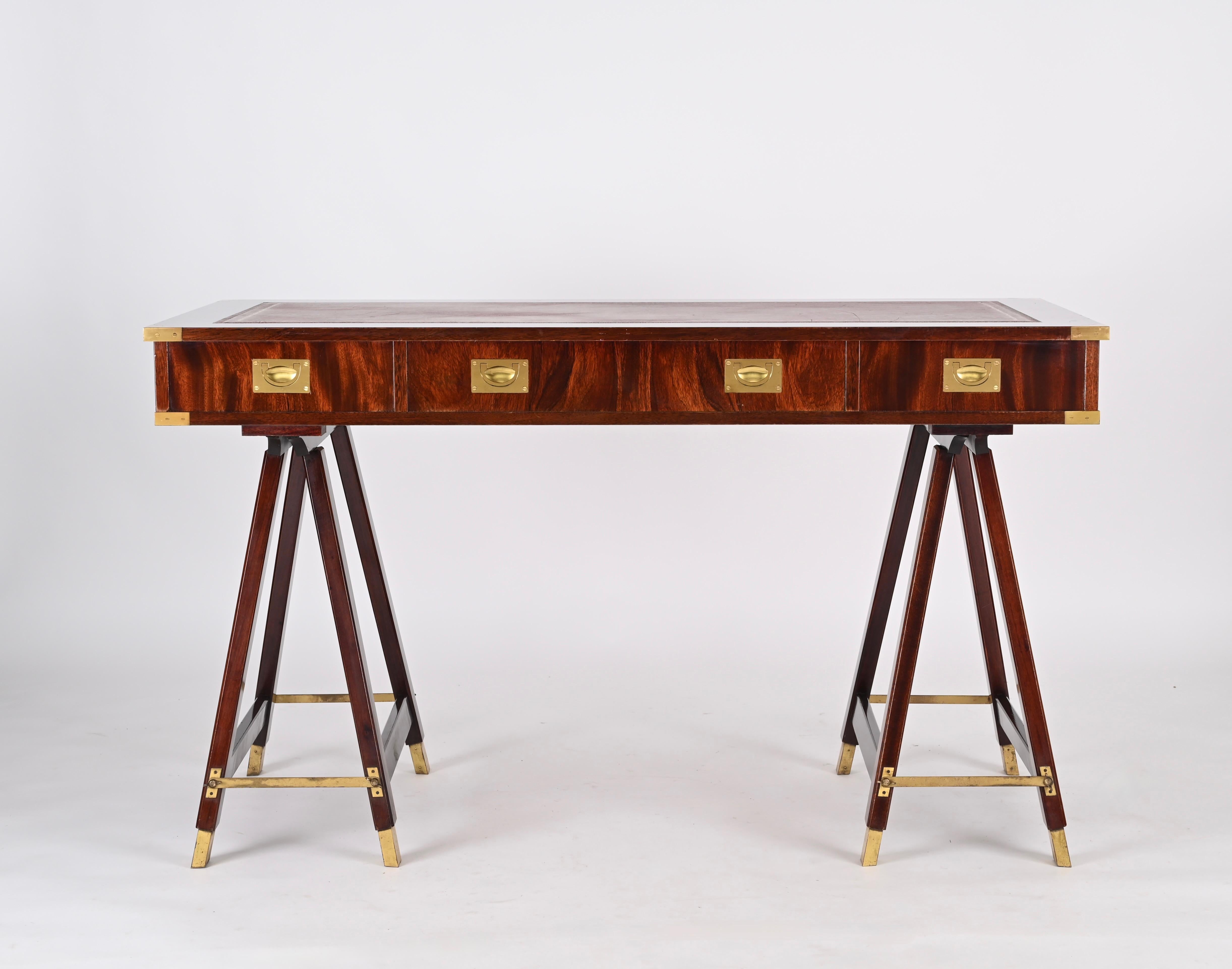 Italian Military Campaign Style Wood and Brass Desk with Leather Top, 1960s 6